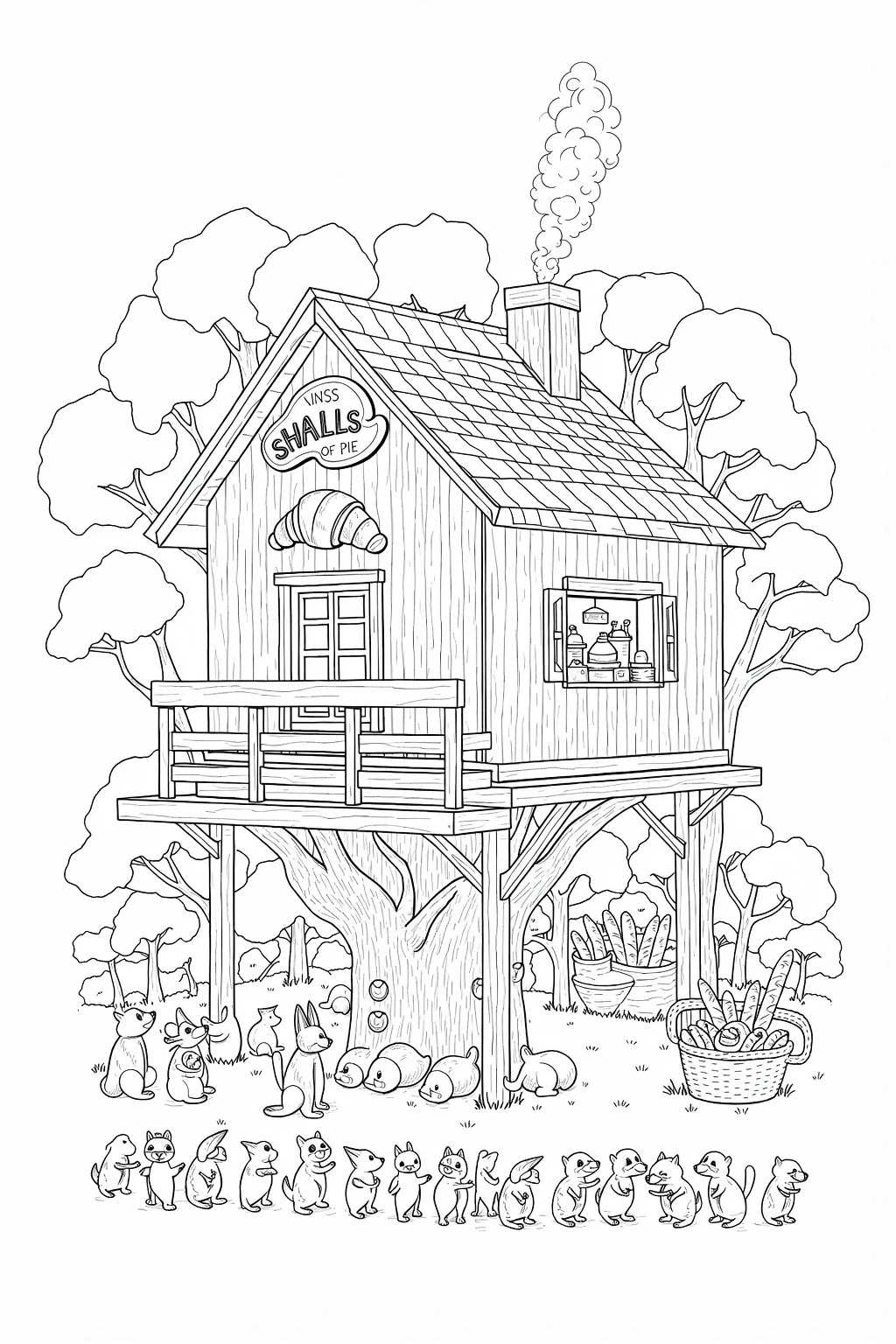 Detailed coloring page of an animal treehouse with many cute woodland animals gathered around the base, a wooden house in the trees, baskets of bread, and a playful forest scene for kids' coloring