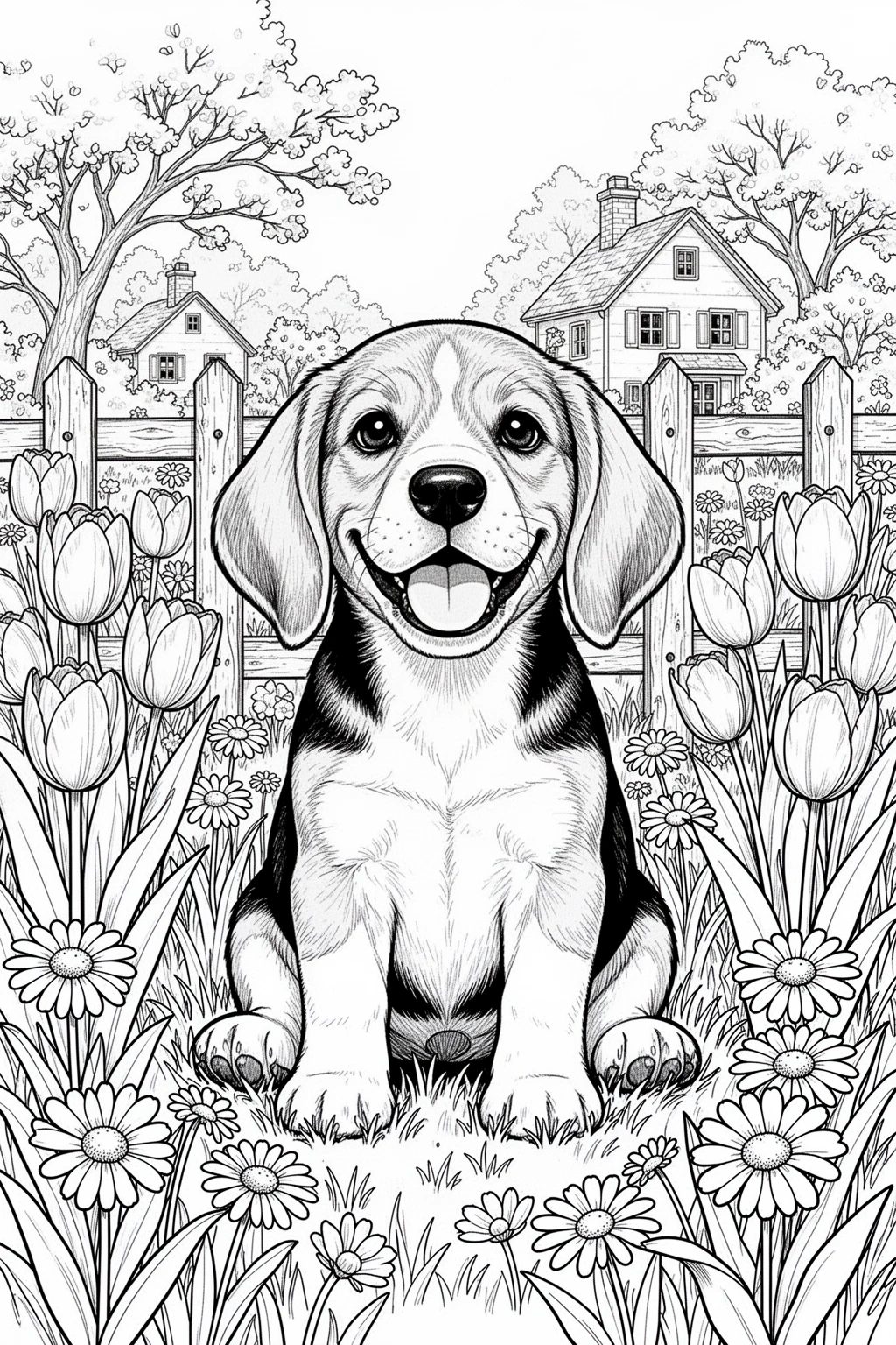 Black and white coloring page of beagle puppy enjoying a spring garden with blooming tulips and daisies