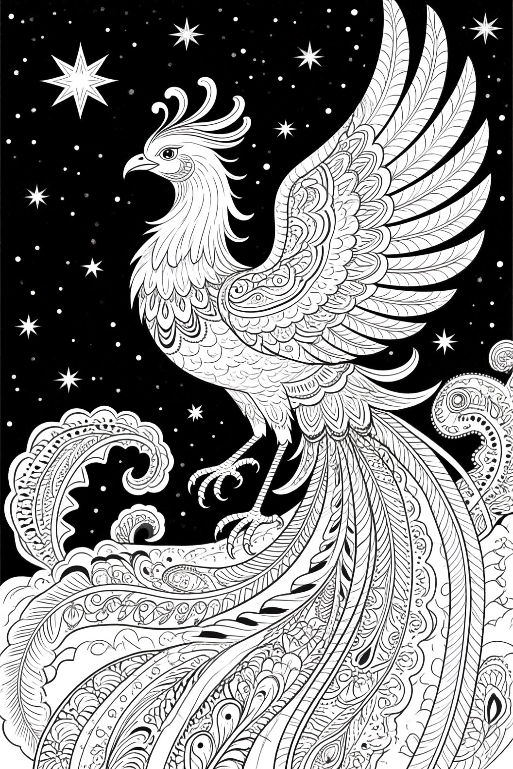 Intricate phoenix animal illustration with mandala-style feathers flying in a starry night sky; high-contrast black background. Designed as detailed coloring page for adults and kids' coloring page