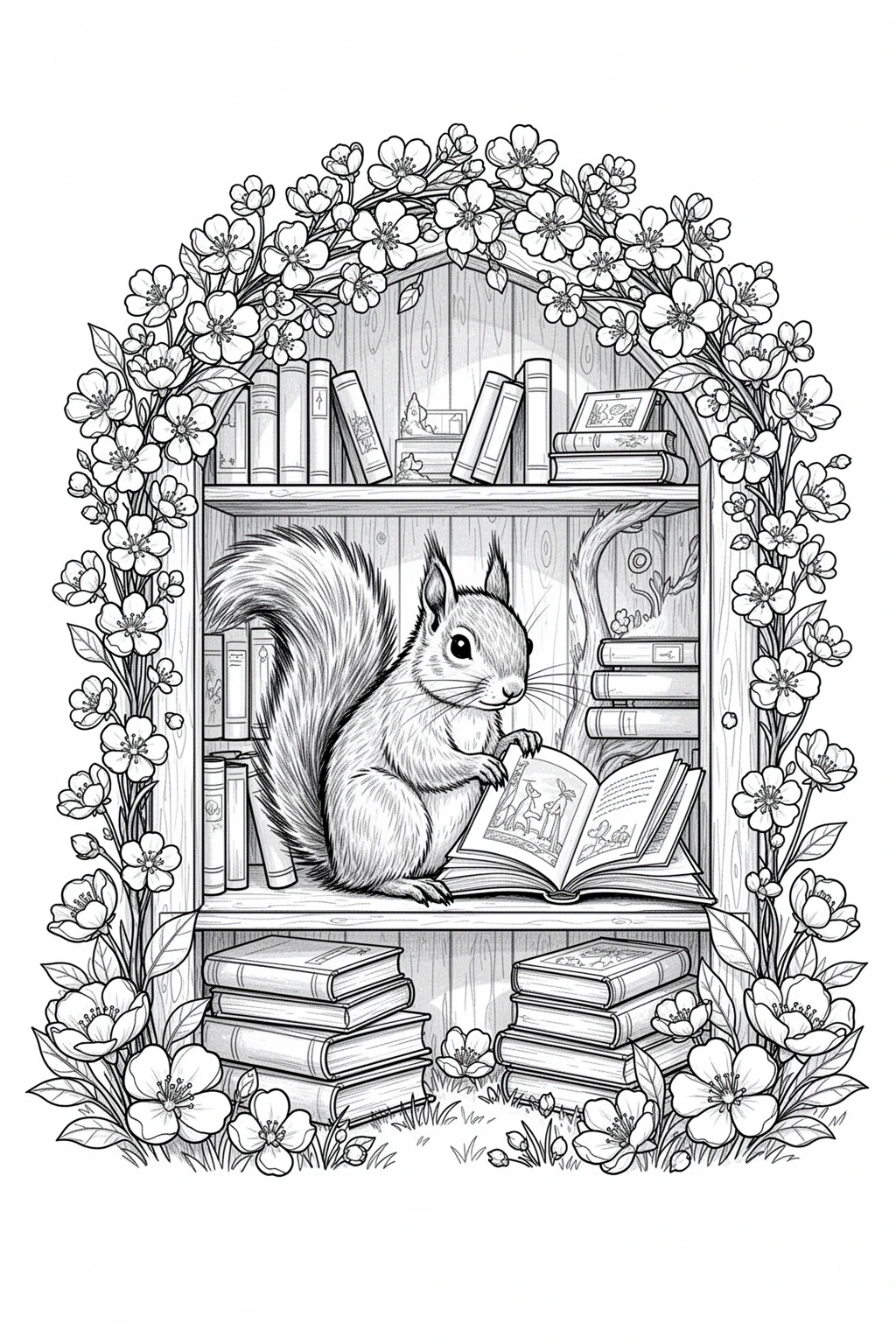 Cozy squirrel blossom library coloring page with books, flowers, and a peaceful storybook woodland feel.