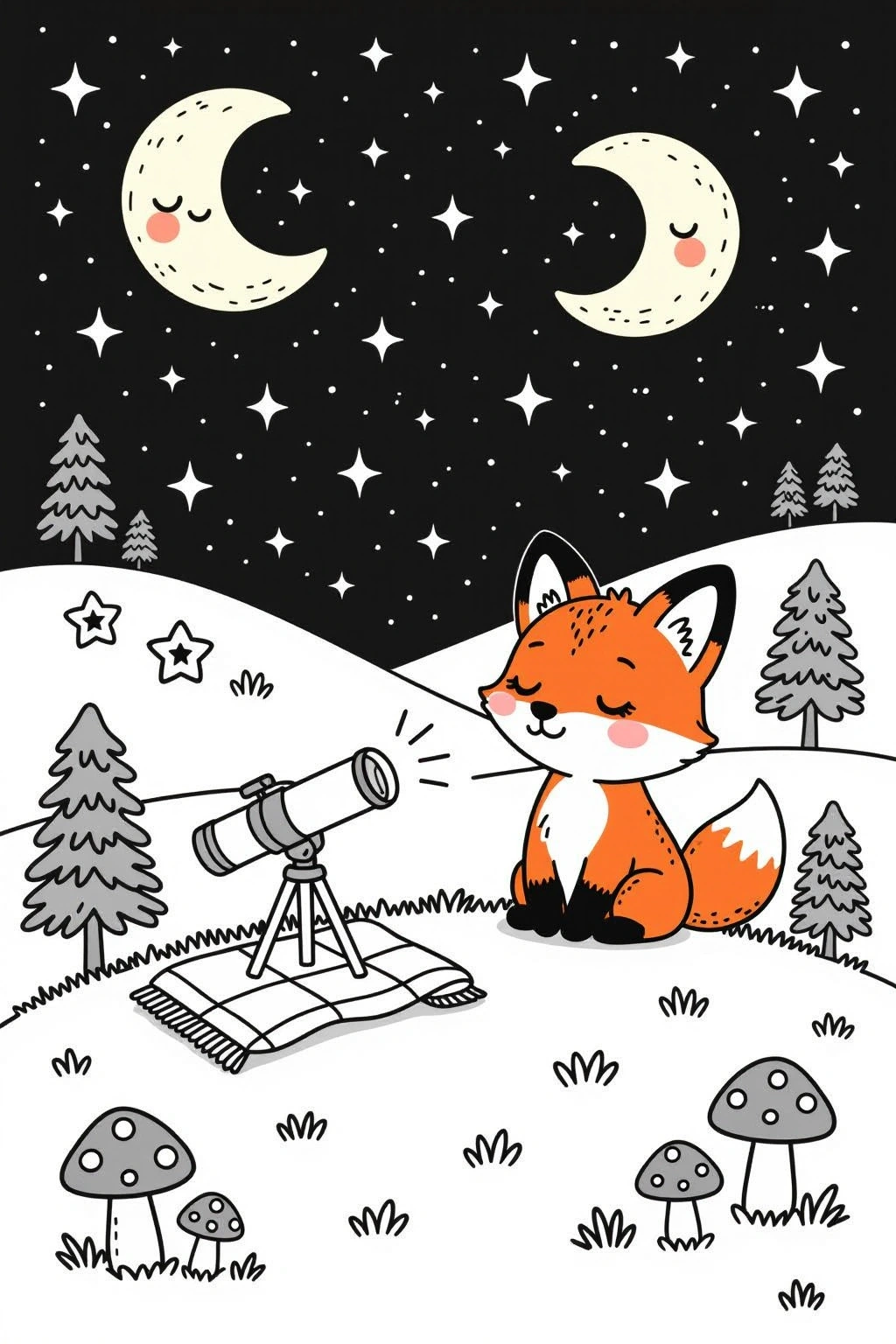 Black and white coloring page of cute fox sitting in a snowy landscape at night with stars, crescent moons, trees, mushrooms, and a telescope