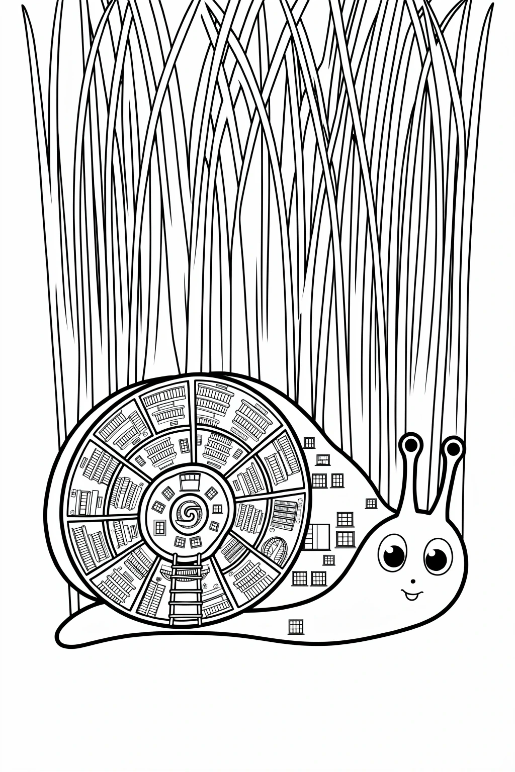 Cute black and white snail coloring page with a detailed spiral shell, tall grass background, and a friendly face, ideal for detailed coloring page and kids' coloring page.