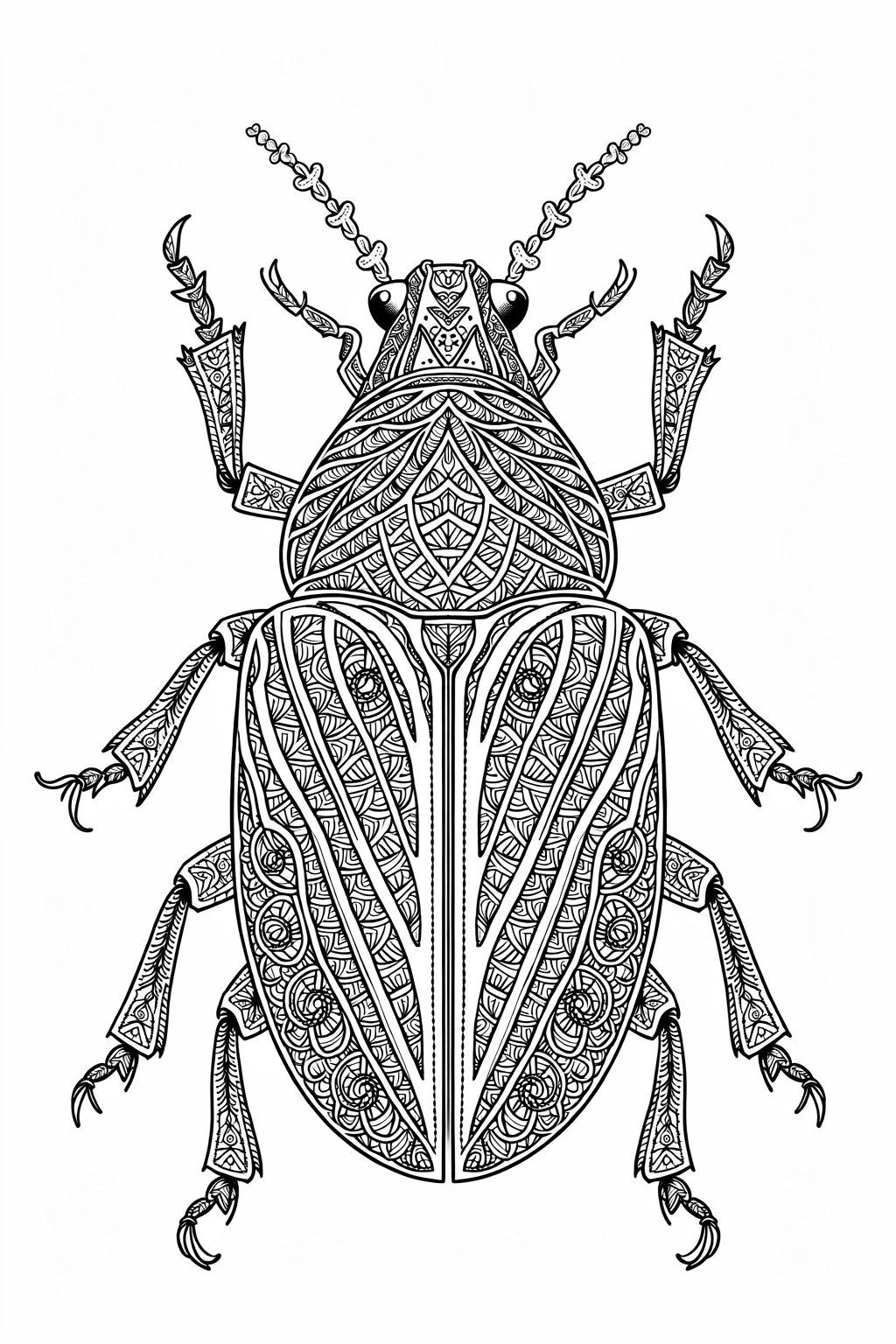 Intricate symmetrical beetle coloring page with decorative patterned wings and legs
