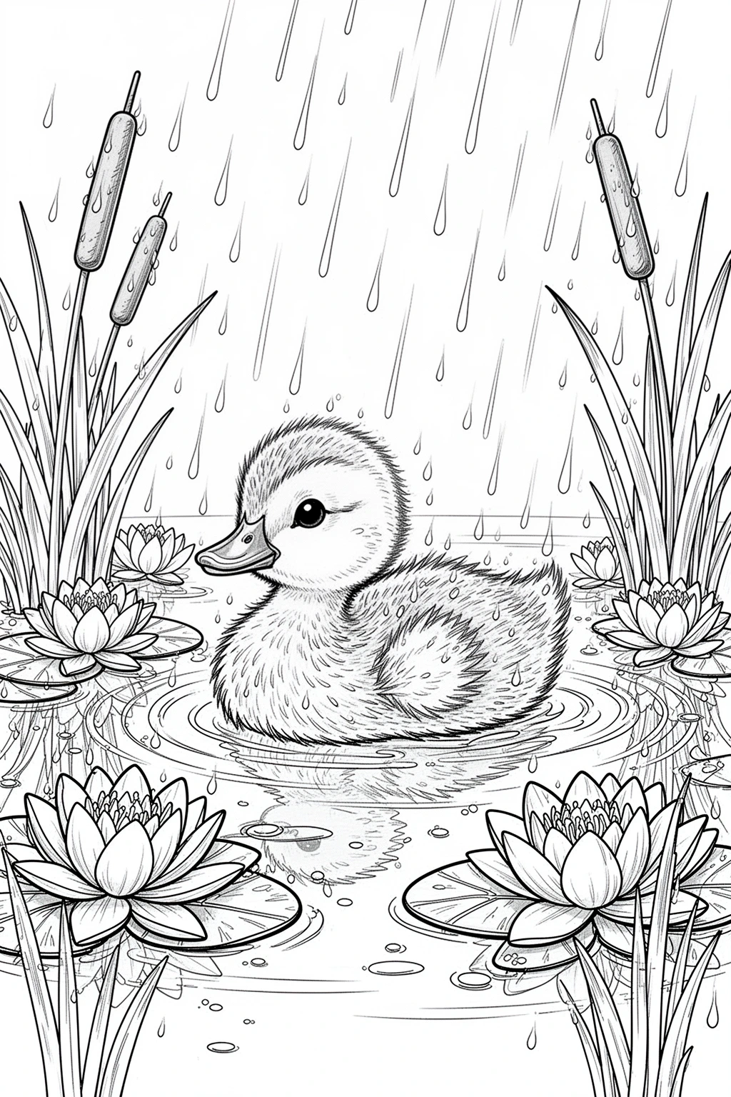 April showers ducklings coloring page: baby ducks swimming in a spring pond.