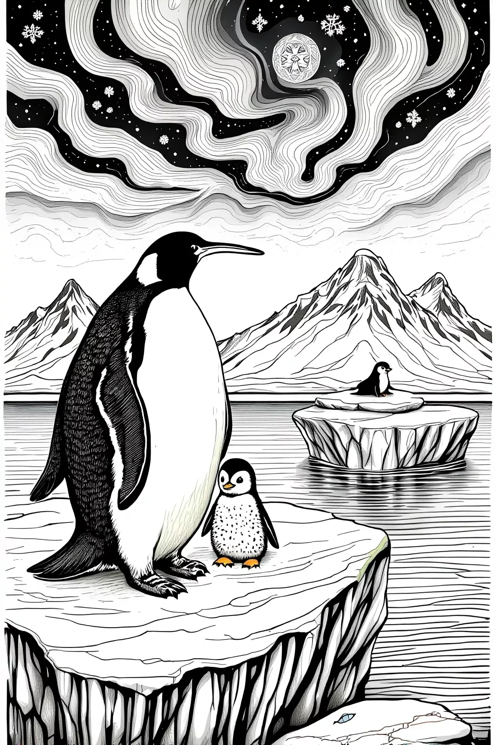 Free Arctic Penguin Family Coloring Page printable black and white coloring sheet.