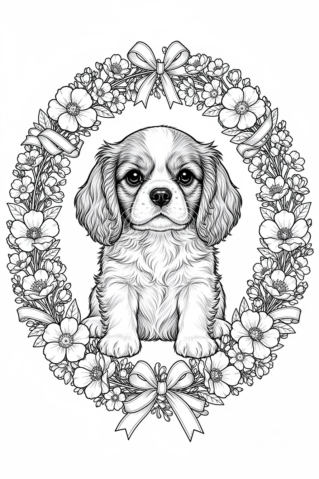Free Cavalier Spaniel spring wreath coloring page.