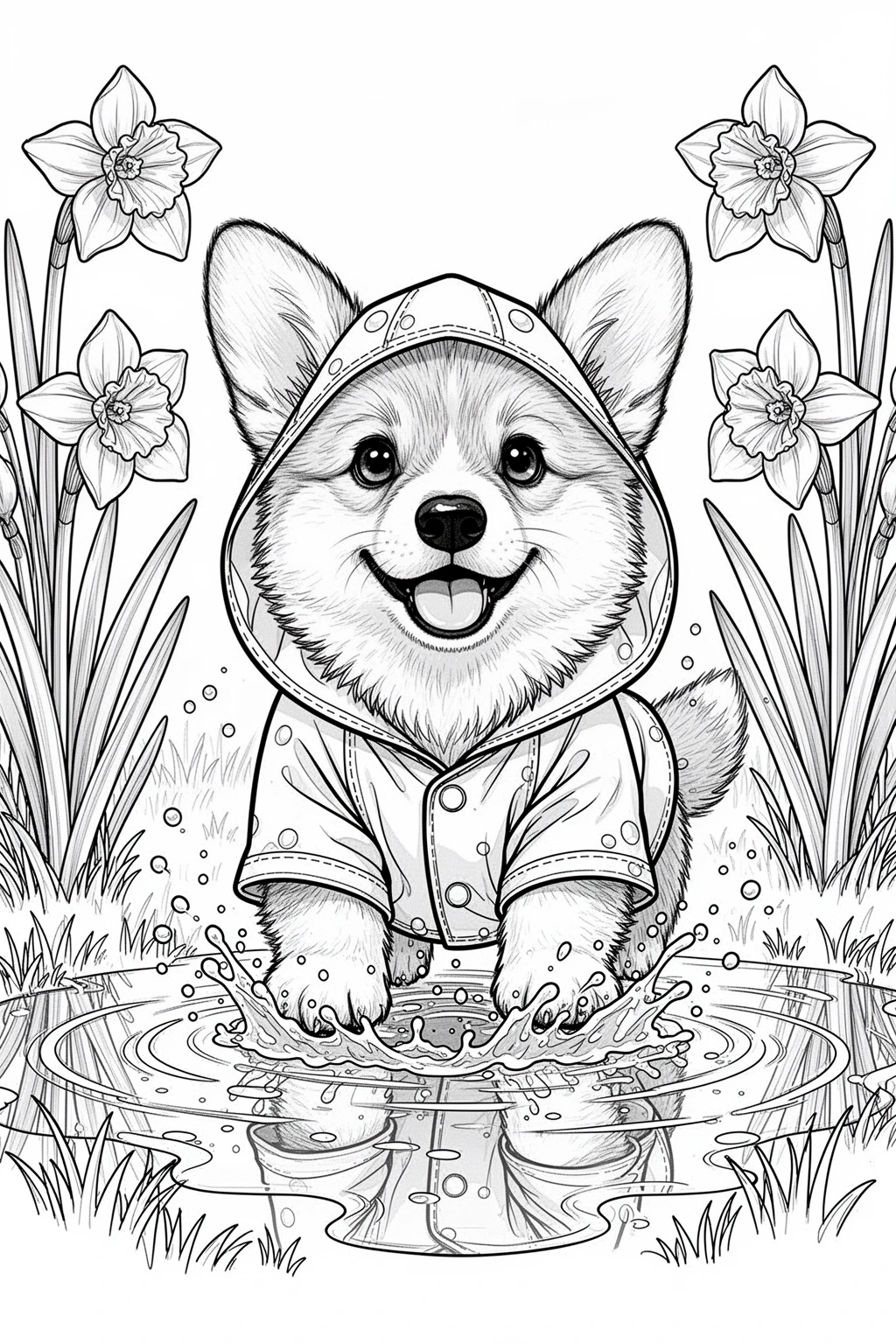 Corgi puppy splashing in spring puddles coloring page.