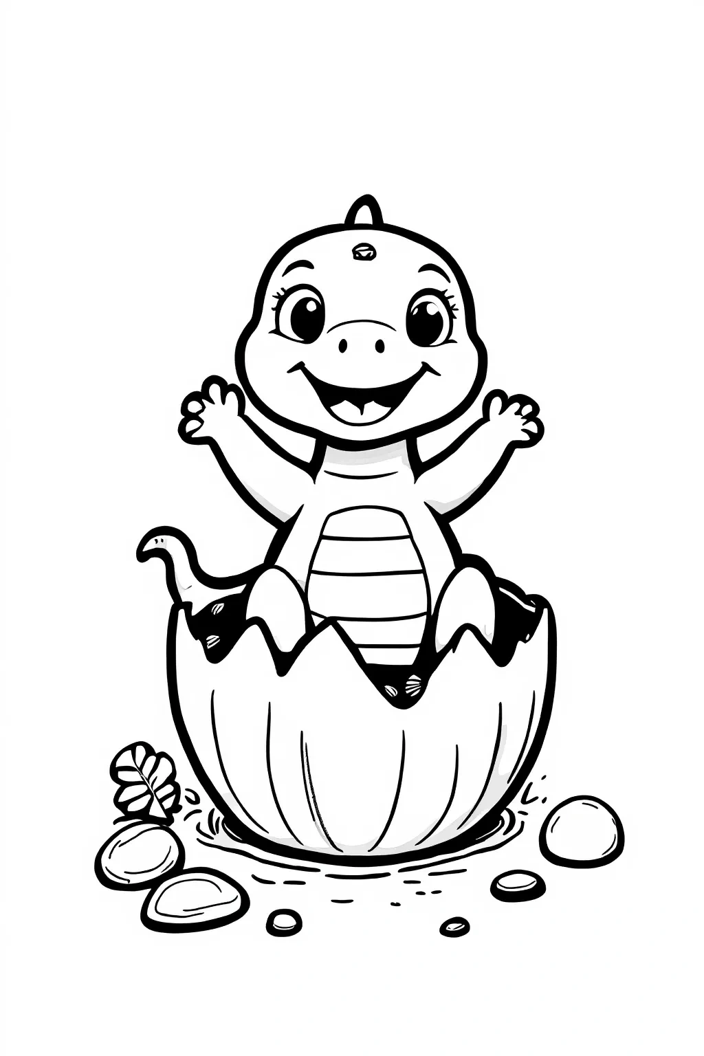 Free Cute Baby Dinosaur In Egg Coloring Page printable black and white coloring sheet.