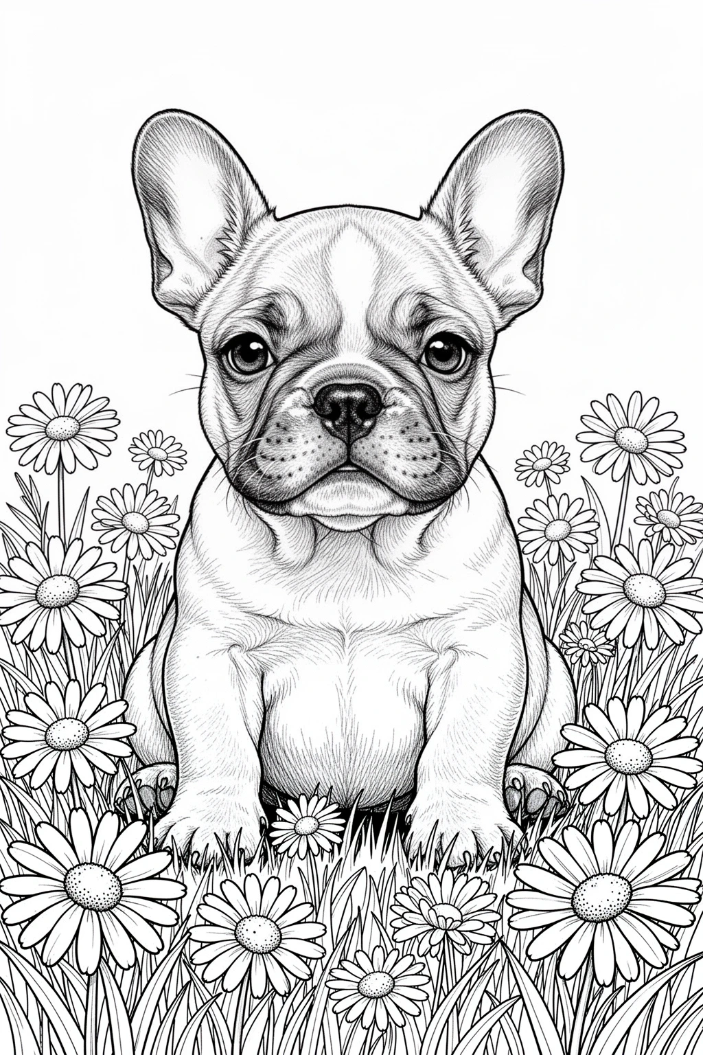 French Bulldog puppy sitting in a field of spring daisies coloring page.