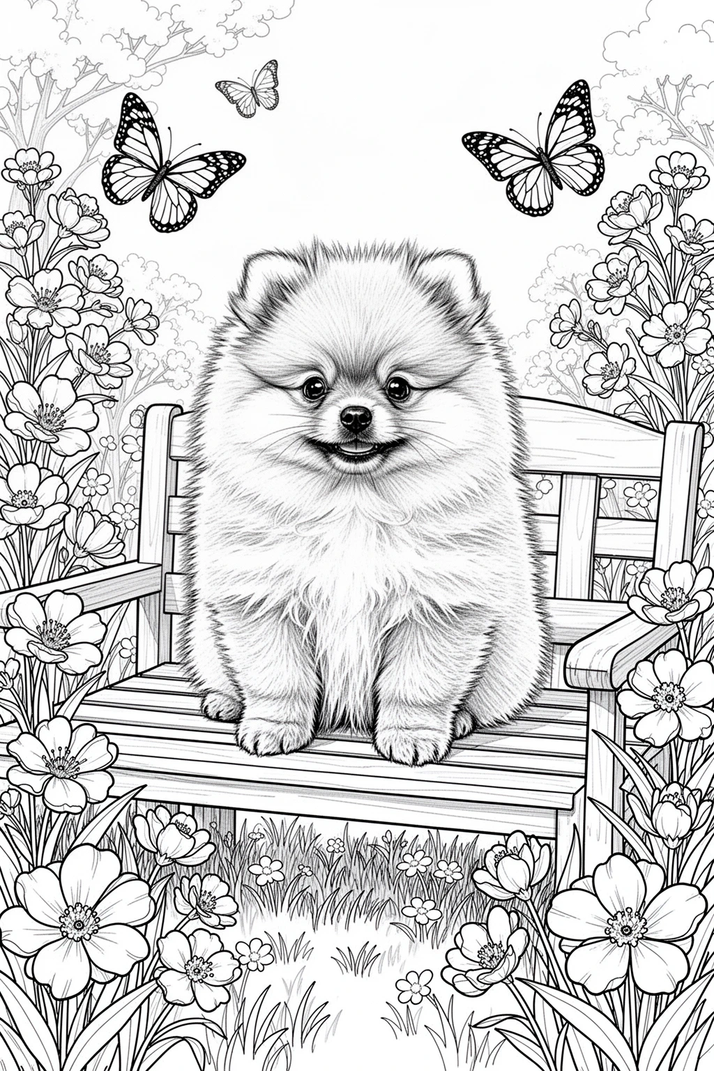 Free Pomeranian garden bench coloring page featuring a fluffy Pomeranian and a spring bench scene.