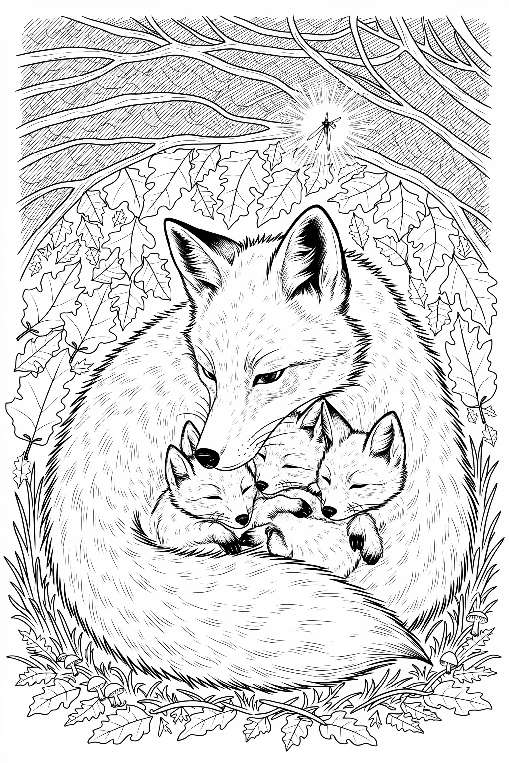 Black and white fox family coloring page showing a mother fox cuddling three sleeping cubs in a nest of fall leaves, branches, and mushrooms; detailed coloring page for kids' coloring page, printable