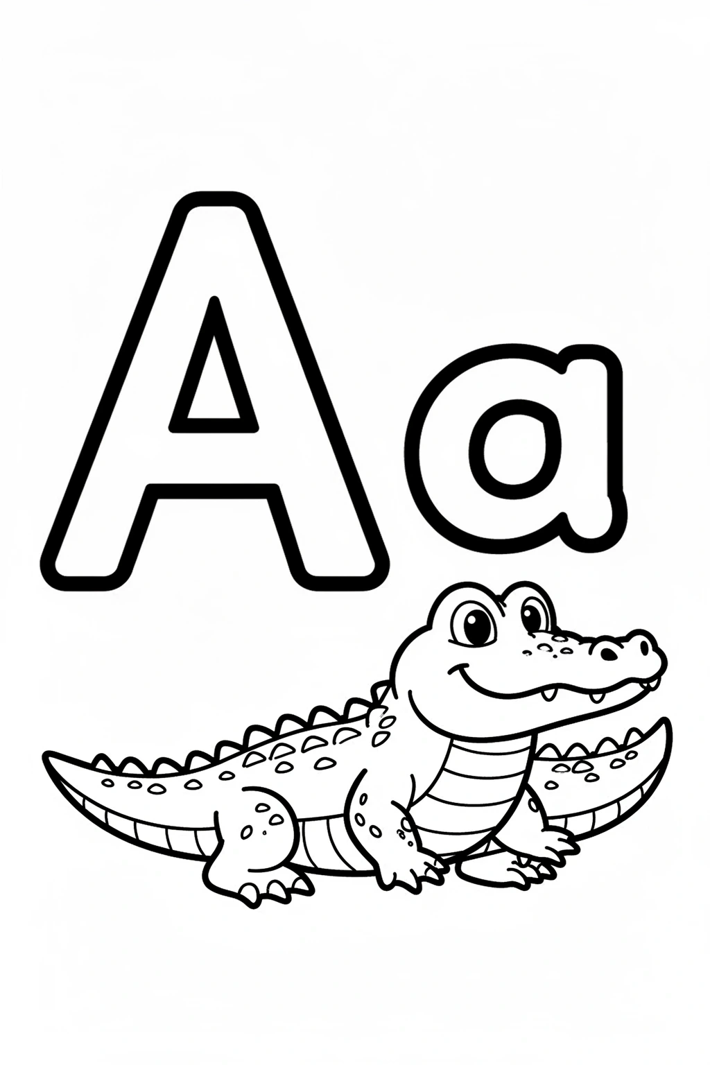Black and white line art of the letter A next to a cute alligator, designed as a coloring page for kids.