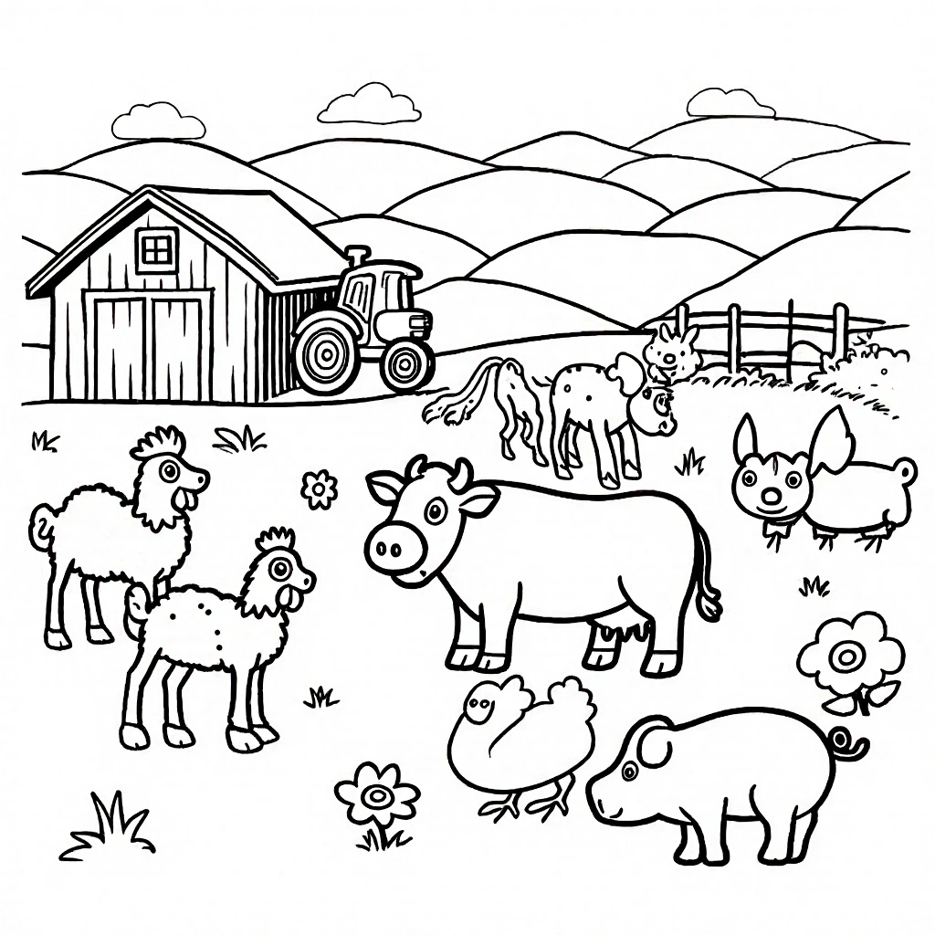 Black-and-white farm coloring page featuring a barn, tractor, cow, pig, sheep, chickens, and rolling hills. Animal-themed design that works as coloring sheets or part of a printable coloring page