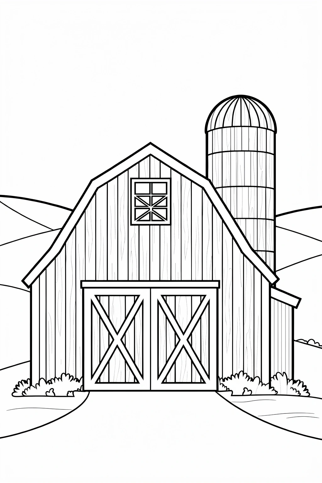 Black-and-white barn line art detailed coloring page and kids' coloring page in a printable coloring page format; single-page coloring sheets for kids and adults.