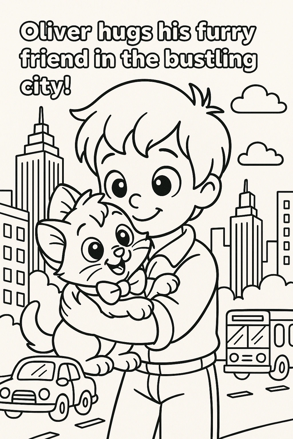 Black-and-white printable coloring sheet of a smiling boy hugging a cat in a bustling city. Detailed coloring page, kids' coloring page, printable coloring page, coloring sheets. Animal and people