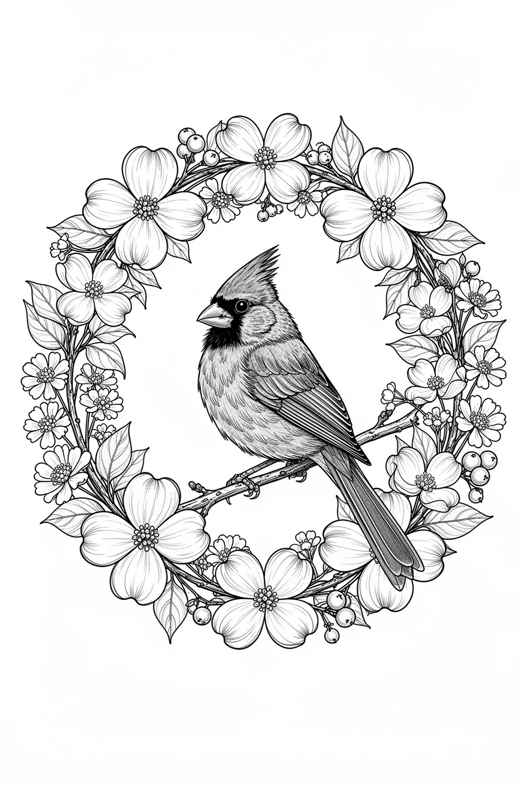Black-and-white coloring page of a cardinal sitting inside a spring flower wreath.