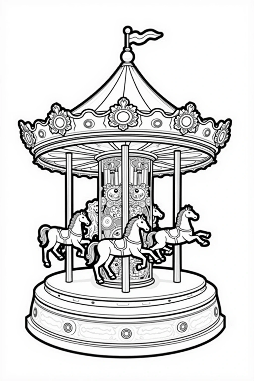 Black-and-white carousel/merry-go-round with four horses detailed coloring page and kids' coloring page printable coloring page style coloring sheets with animal and mandala-inspired patterns.