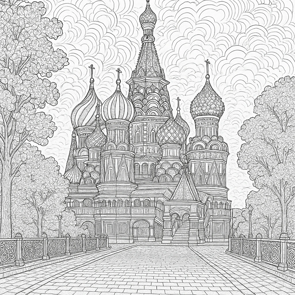 Black and white cathedral line art detailed coloring page perfect for kids' coloring page and an adult printable coloring page; intricate coloring sheets with domes, trees, and architectural patterns.