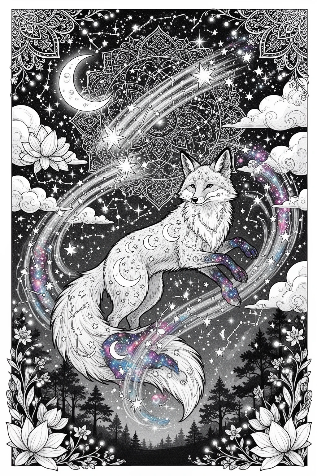 Celestial Fox Chase Printable coloring page.