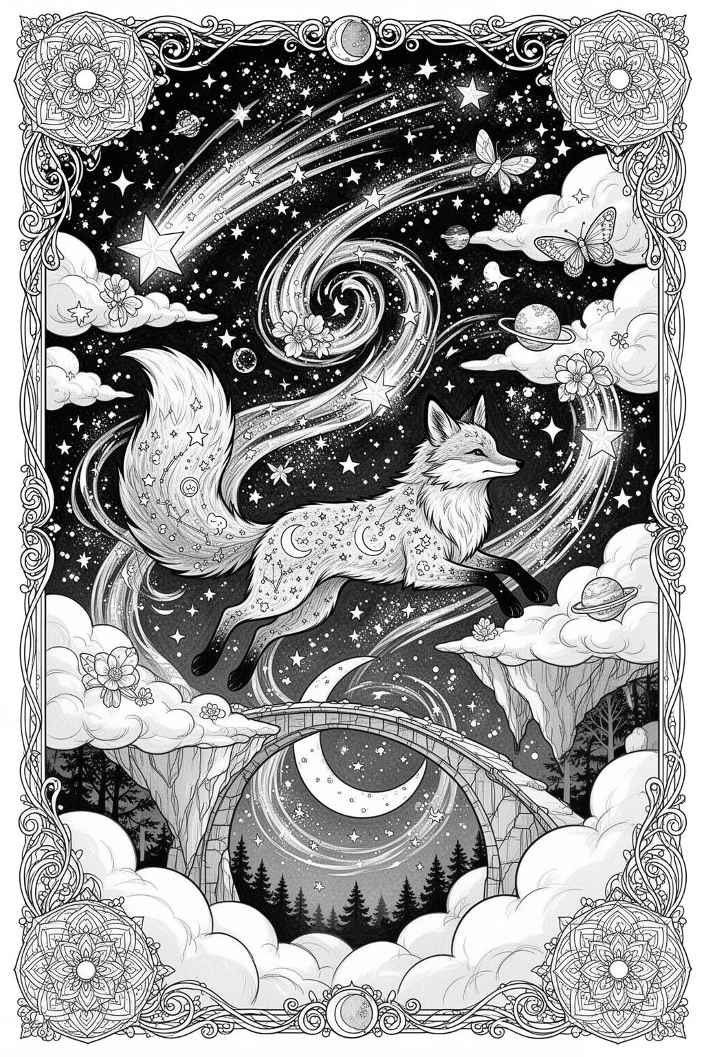 Can You Color This Celestial Fox Chase? Printable coloring page.