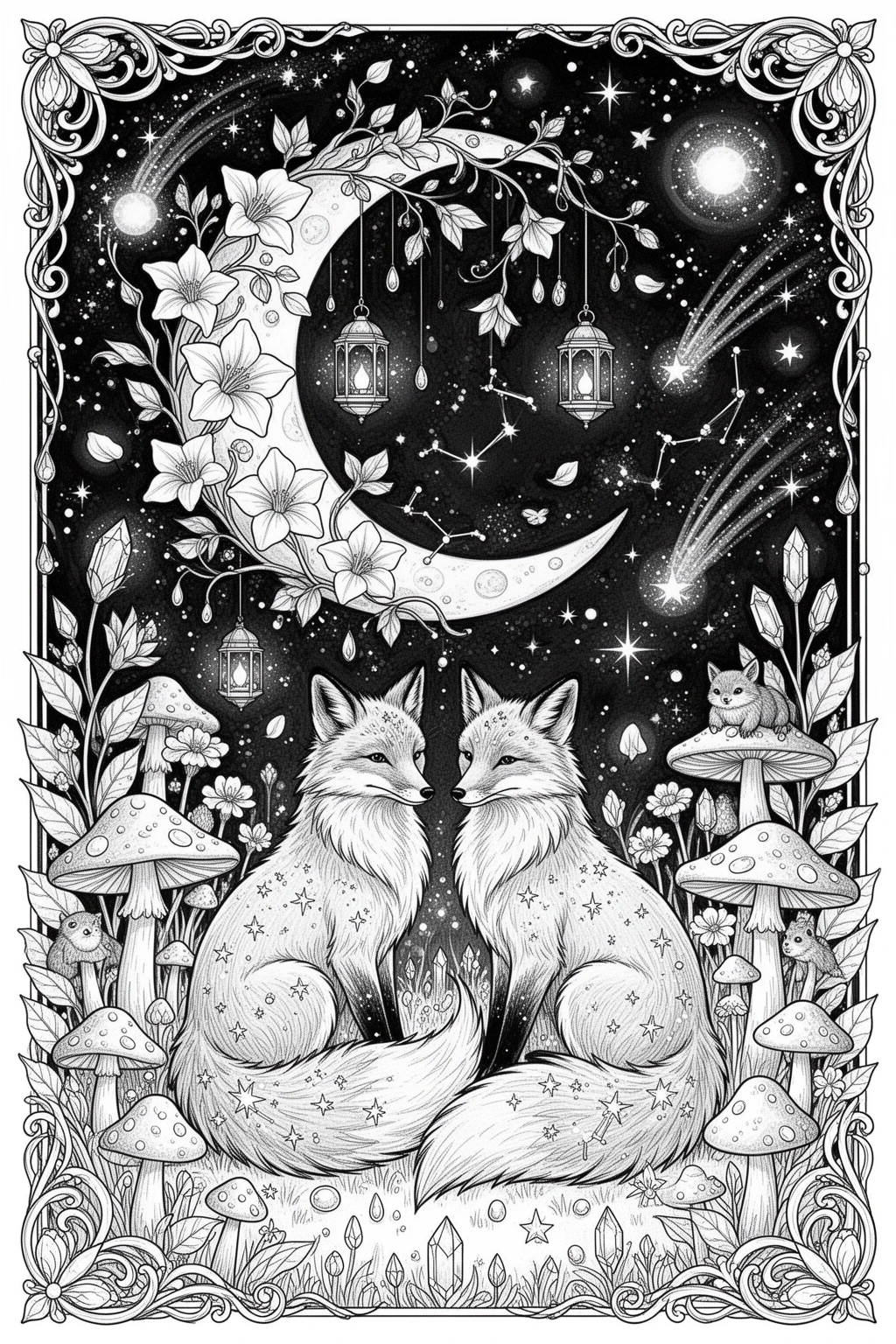 Moonlit Fox Garden coloring page.