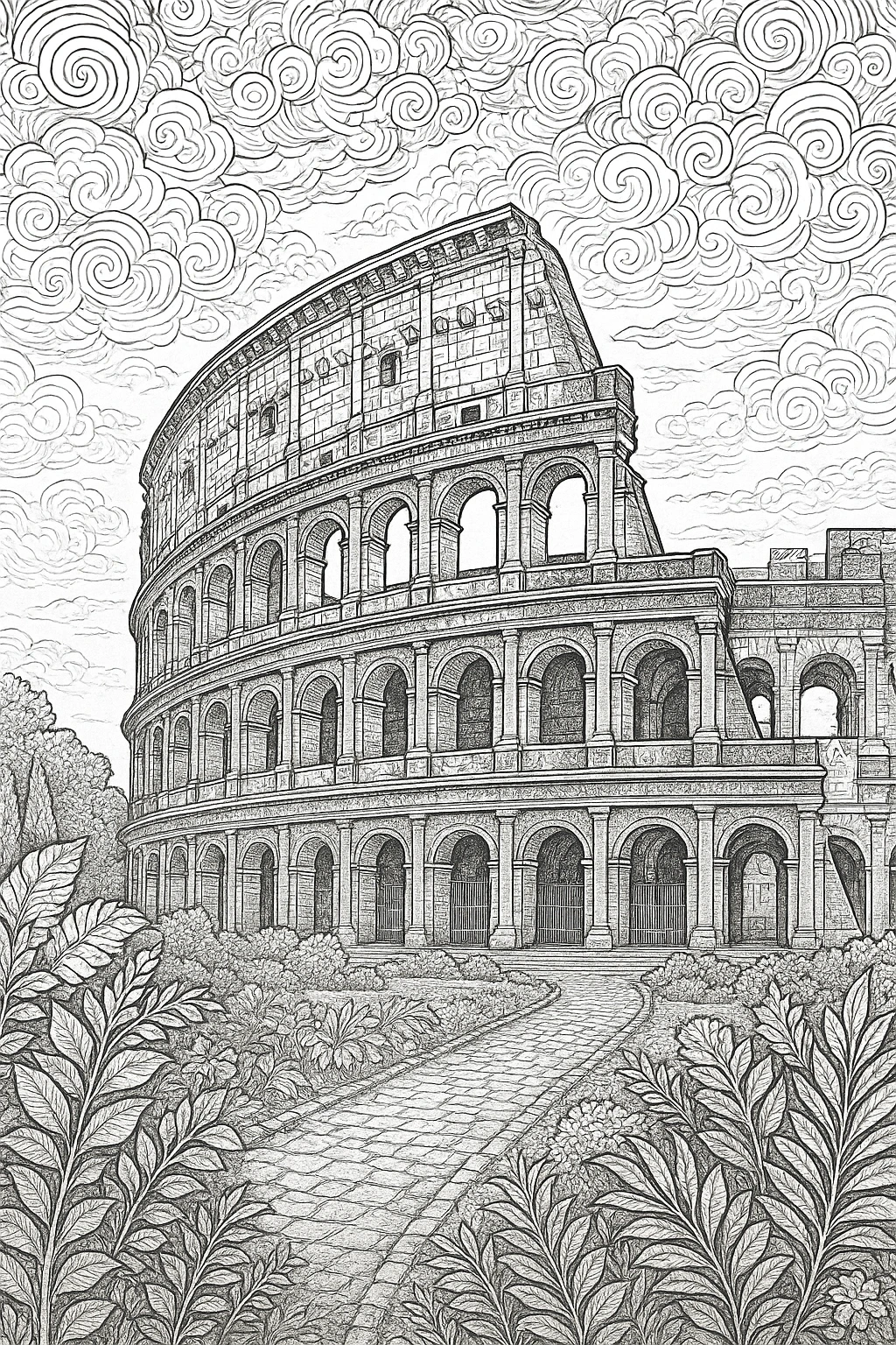 Black-and-white Colosseum coloring page with swirly mandala-style clouds and garden path detailed coloring page, kids' coloring page, printable coloring page, coloring sheets.
