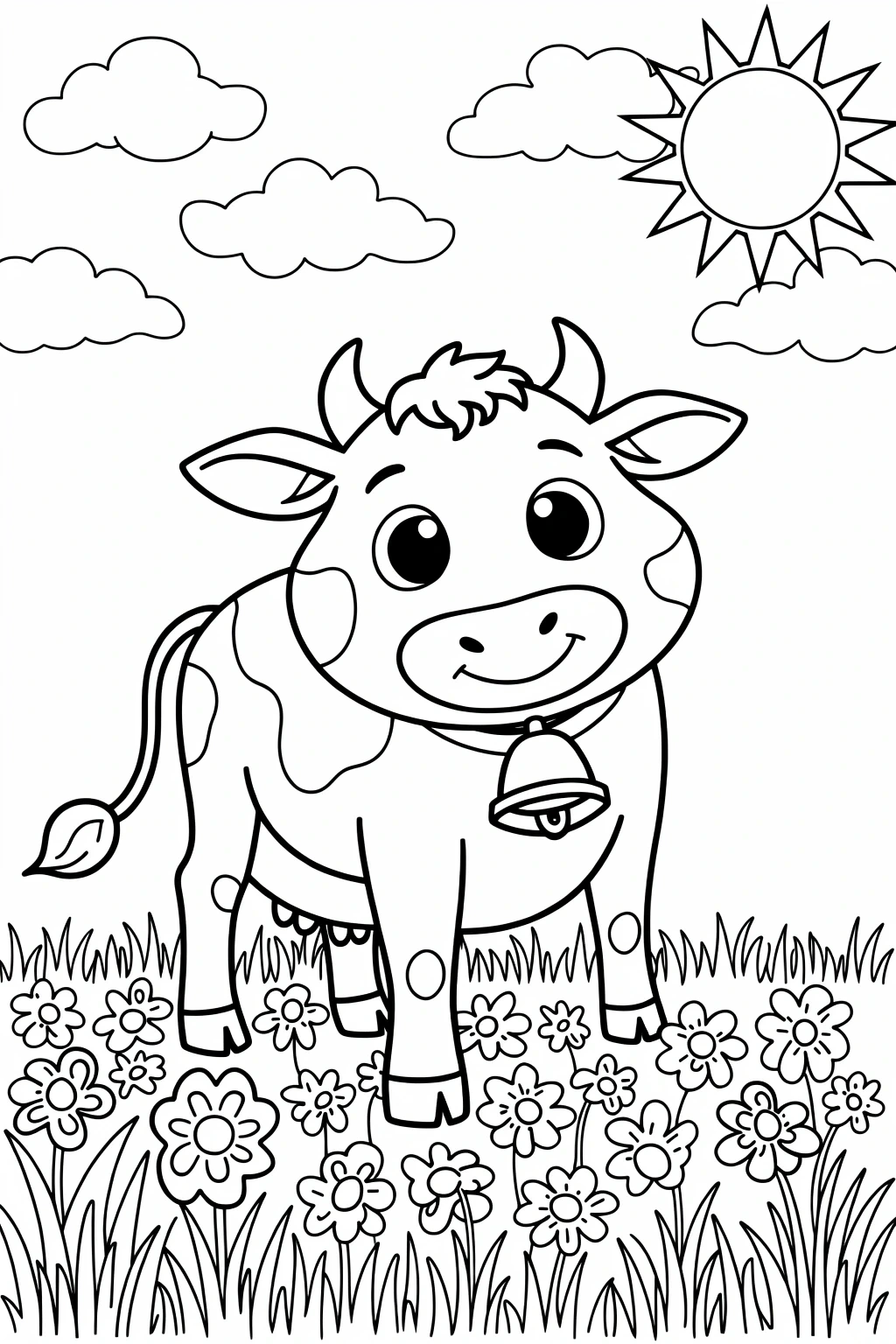 Cute cow coloring page in a flower field detailed coloring page for kids, kids' coloring page, printable coloring page and coloring sheets showing an animal in spring/summer scenery.