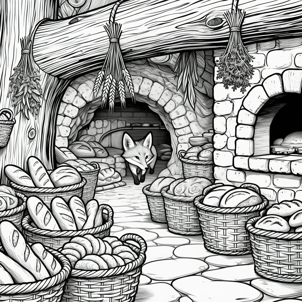 Black and white printable coloring page of a fox walking through a cozy bakery village with baskets of bread, rustic stone ovens, hanging herbs, and detailed background scenery. Great for detailed