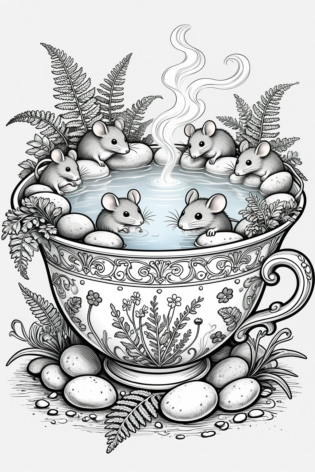 Black and white detailed coloring page of several adorable mice sitting in a decorative teacup filled with water, surrounded by fern leaves, stones, flowers, and steam, designed as a printable