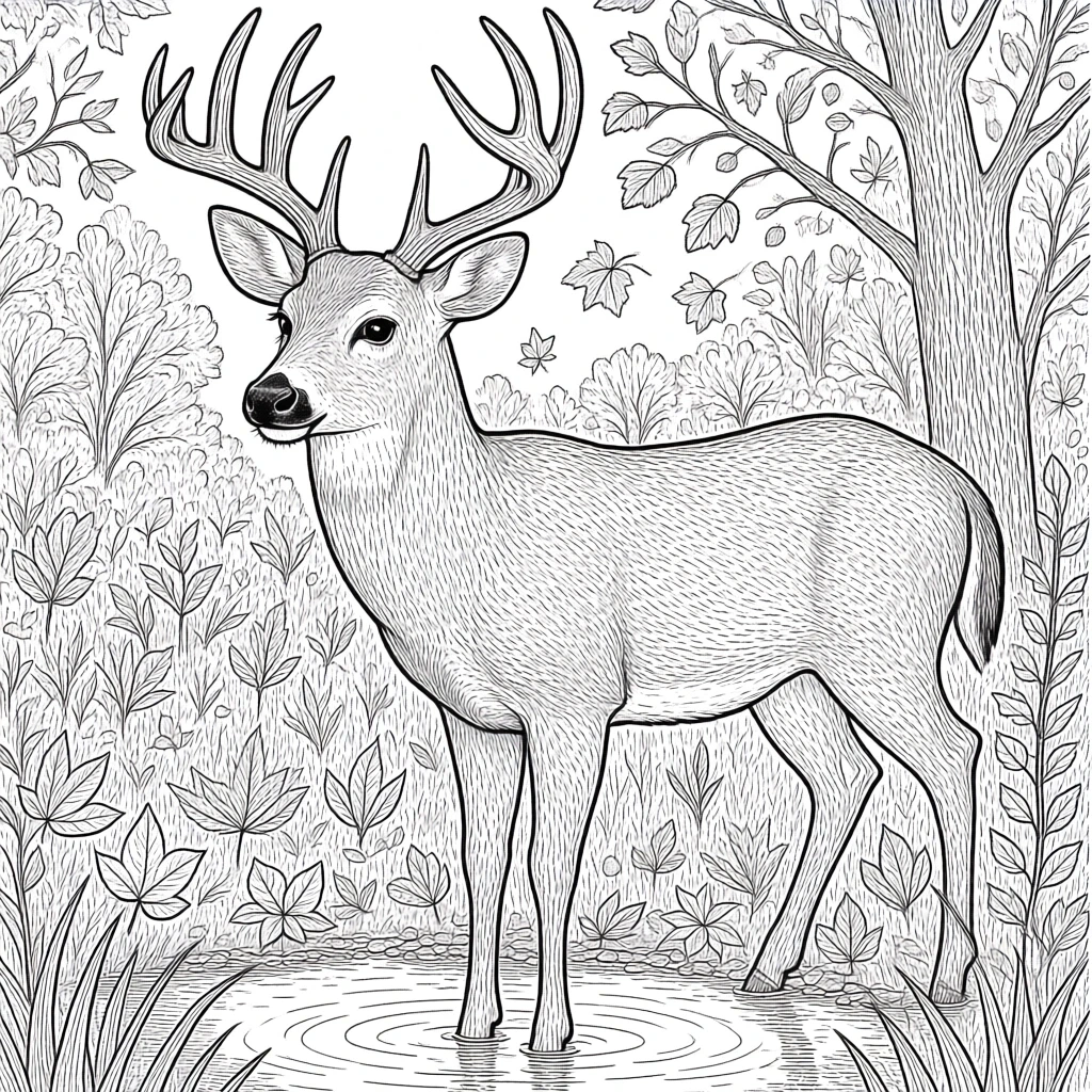 Black-and-white deer coloring page in a forest with leaves and plants detailed coloring page, kids' coloring page, printable coloring page and coloring sheets featuring an animal and fall scene.