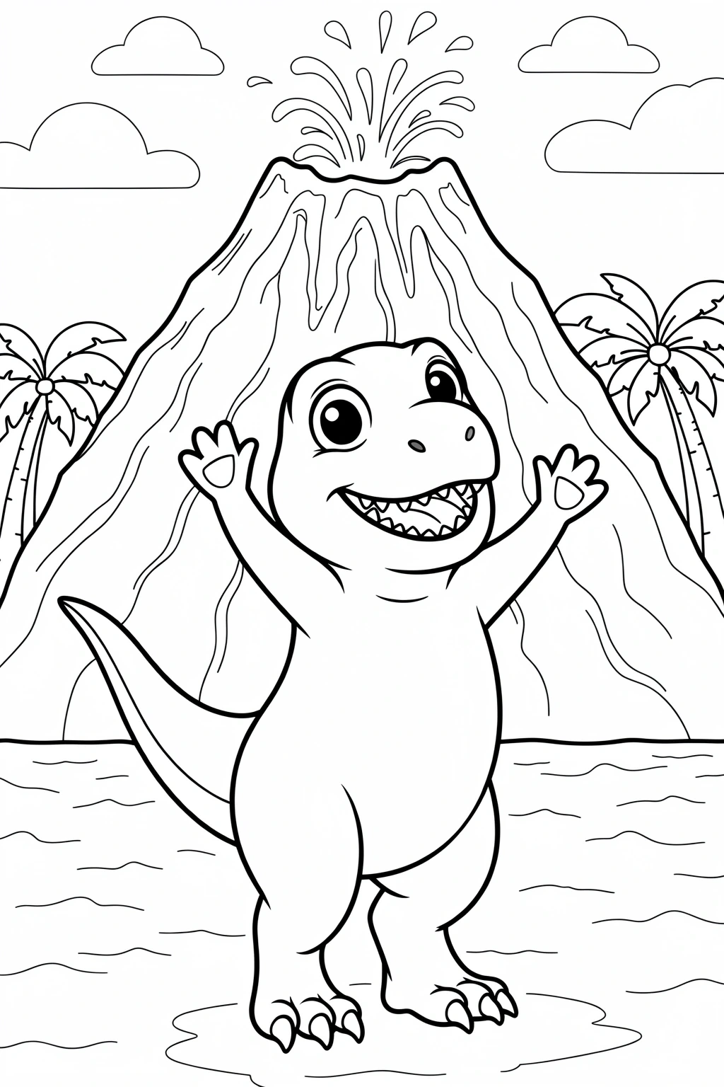 Cute baby dinosaur in front of an erupting volcano coloring page black-and-white printable coloring sheet suitable for a printable coloring page with detailed coloring page, kids' coloring page, and