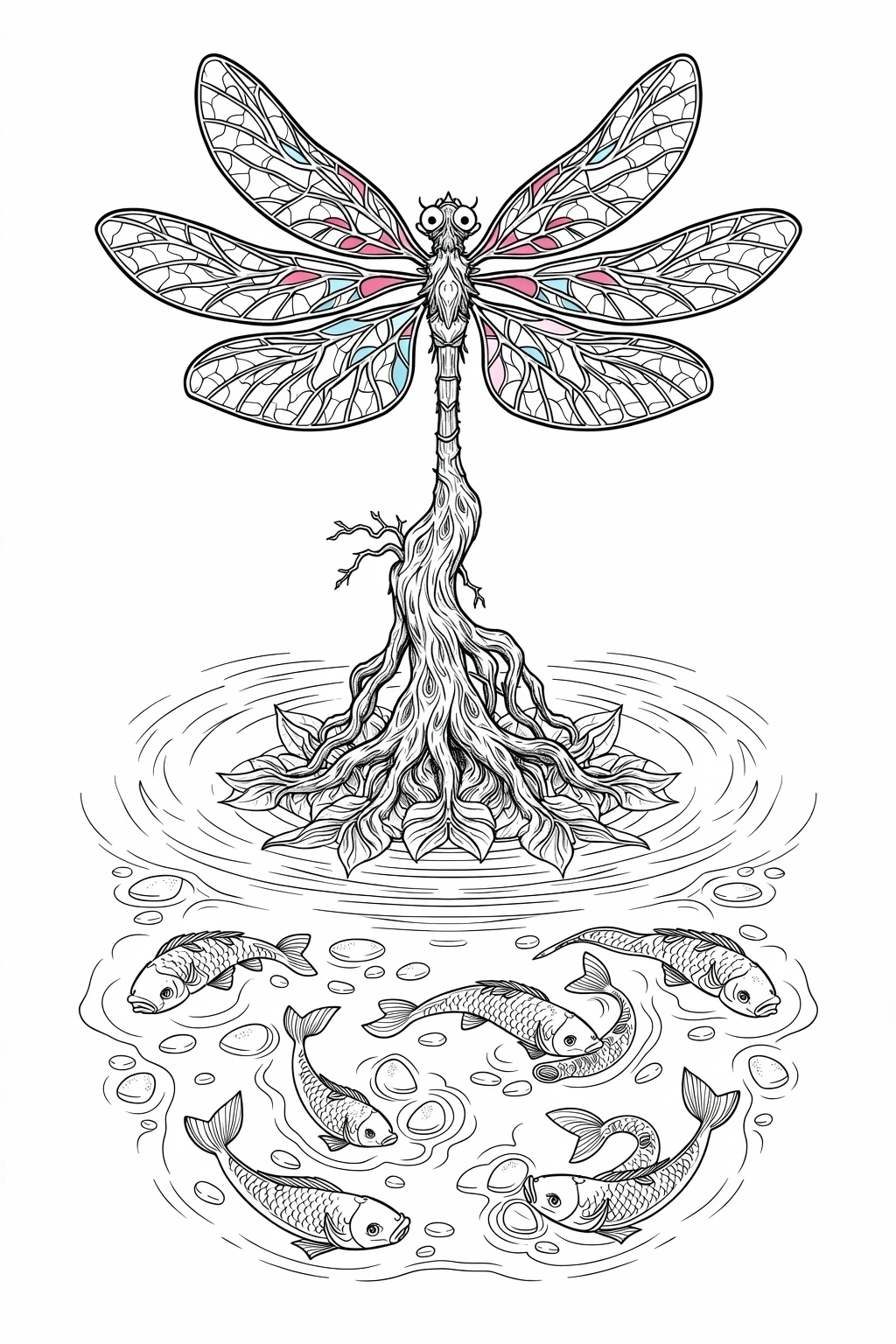 Hand-drawn dragonfly perched above a koi pond with roots extending into the water; black-and-white line art with small pastel pink and blue accents detailed coloring page, kids' coloring page