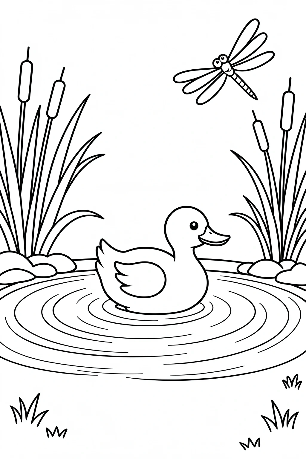 Black-and-white duck pond coloring page showing a cute duck swimming in rippled water with cattails and a dragonfly ideal detailed coloring page, kids' coloring page, printable coloring page and