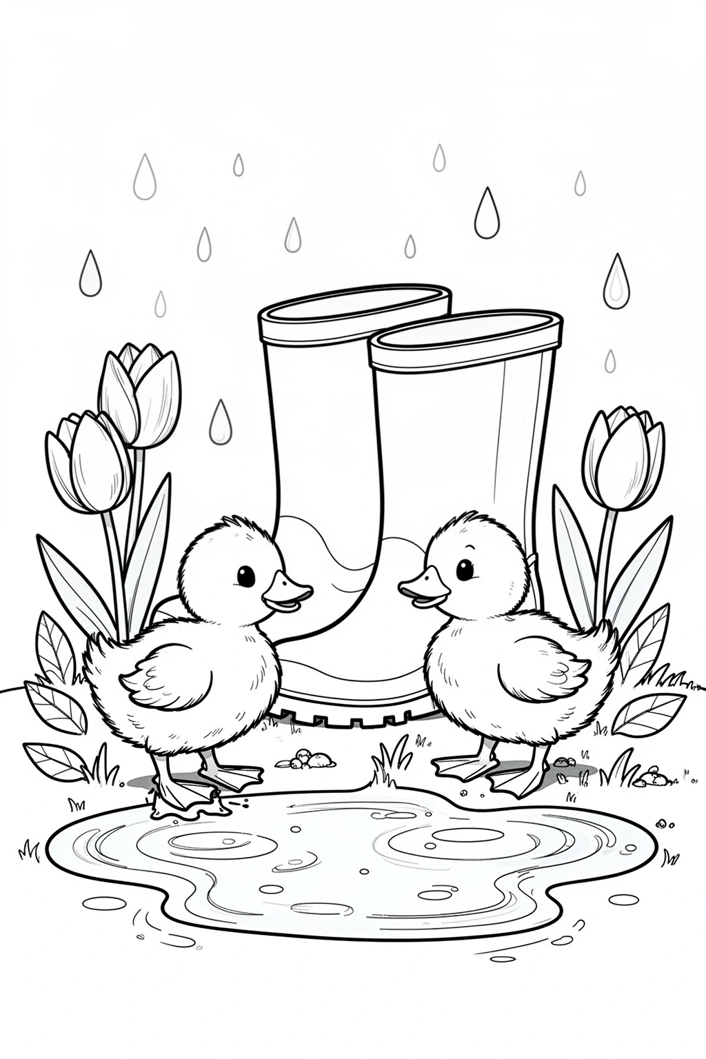 Black-and-white coloring page of ducklings rain boots coloring page.