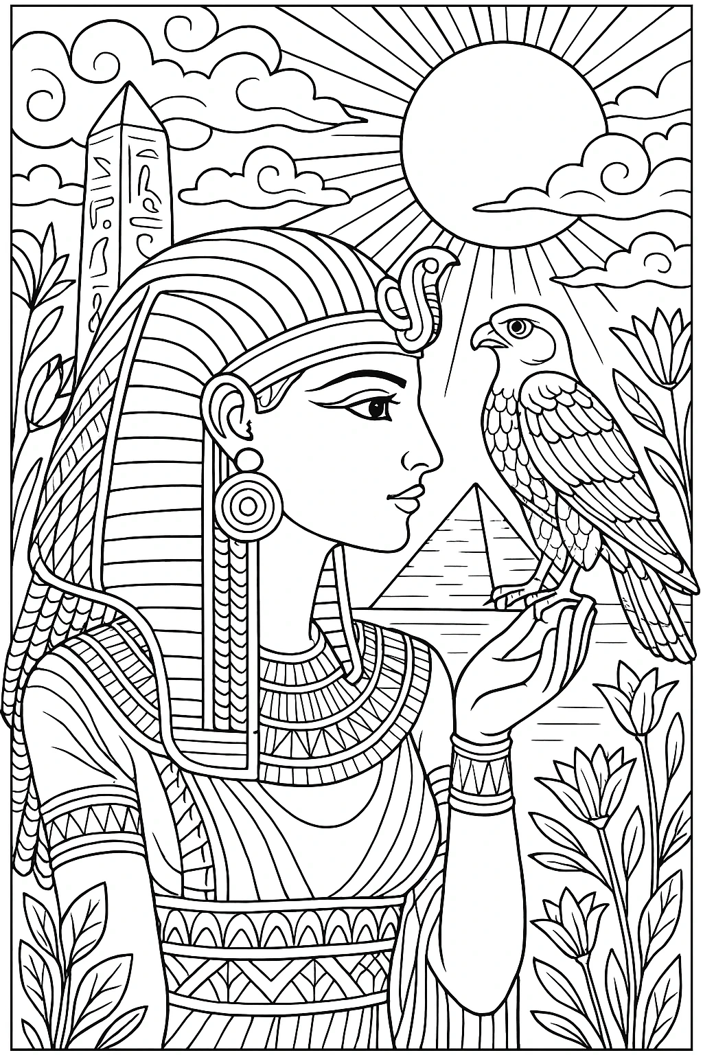 Black-and-white line art of an Egyptian queen holding a falcon in front of pyramids and the sun detailed coloring page suitable for kids' coloring page, printable coloring page and coloring sheets