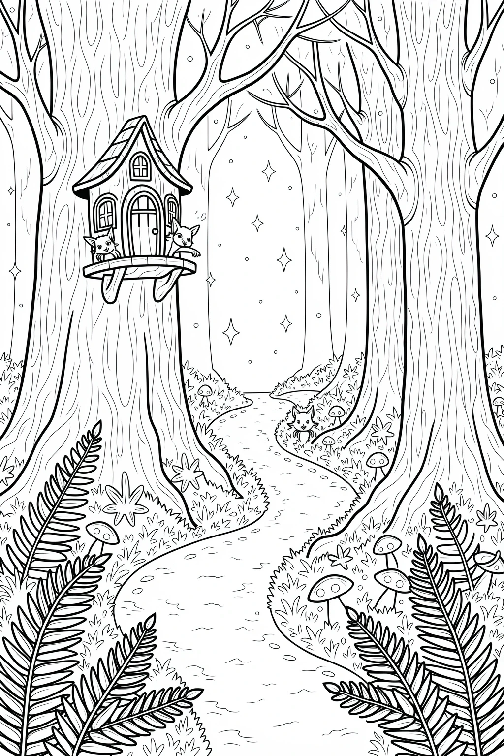 Black-and-white forest coloring sheet showing a treehouse in a large tree with two small animal friends on the porch, a winding path, mushrooms, ferns, and more animals peeking from the woods a