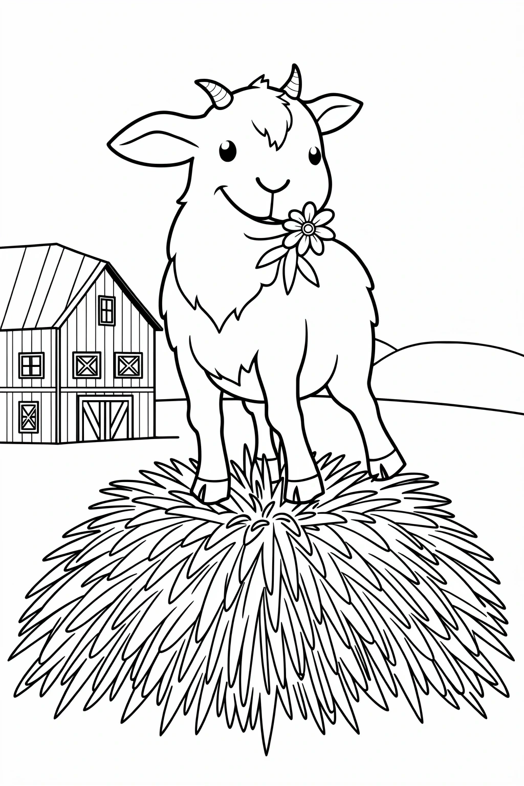 Farm animal coloring page: cute goat holding a flower standing on a hay mound with a barn in the background detailed coloring page, kids' coloring page, printable coloring page and coloring sheets