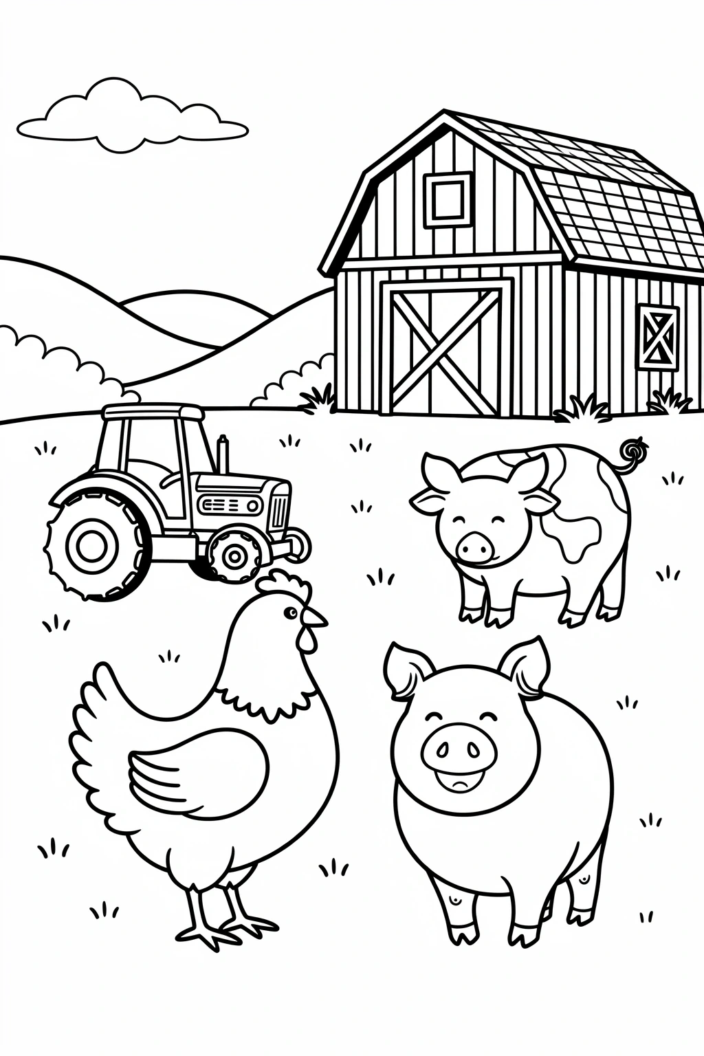 Black-and-white farm scene coloring page with a barn, tractor, two pigs and a chicken detailed coloring page and kids' coloring page ready to print as a printable coloring page sheet; perfect animal