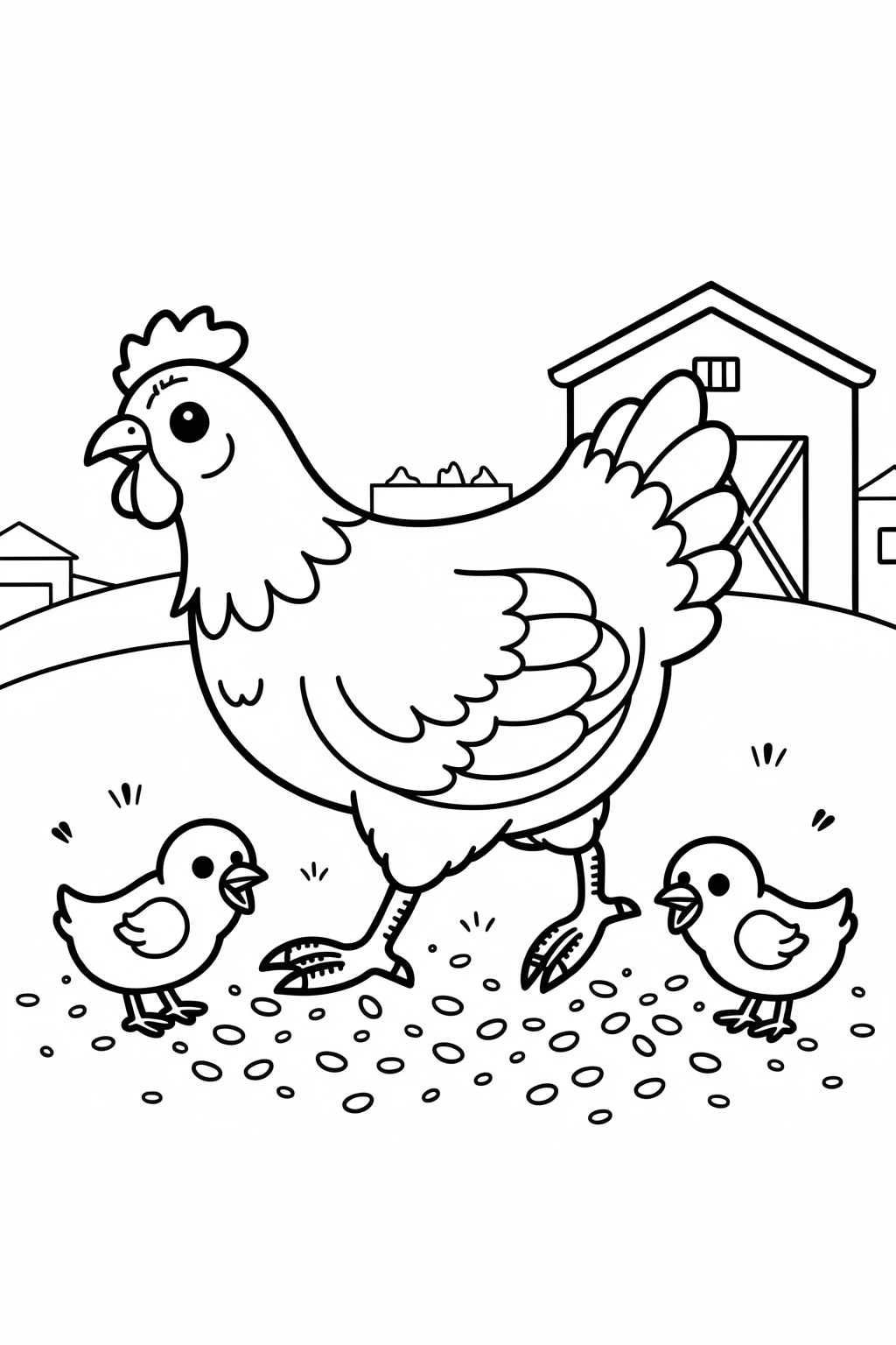 Black-and-white farm coloring page showing a mama hen with two chicks in front of a barn detailed coloring page, kids' coloring page, printable coloring page style coloring sheets for animal and