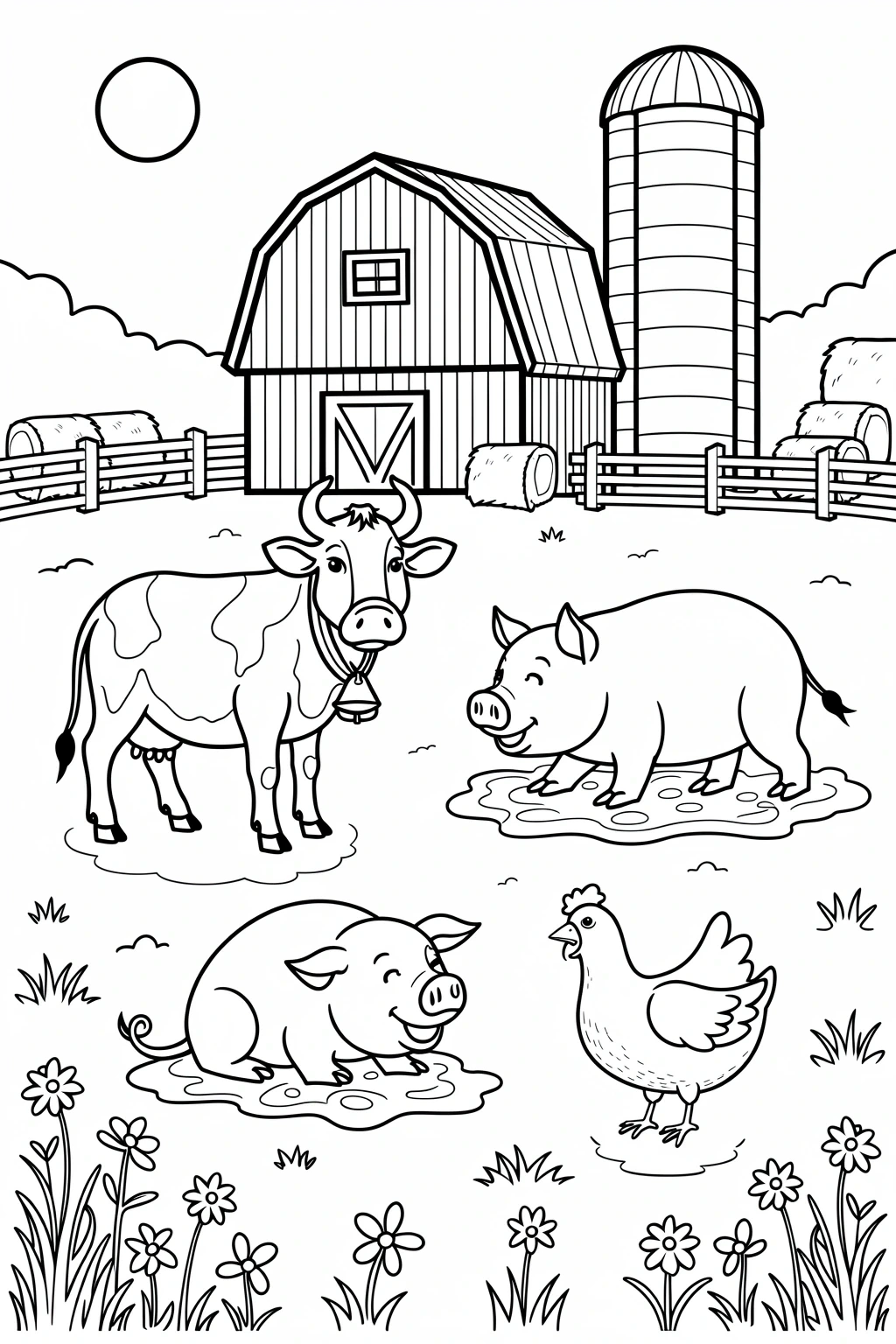 Black and white farm coloring page showing a barn and silo with a cow, two pigs in mud, and a chicken in a flowered field; detailed coloring page, kids' coloring page, printable coloring page and