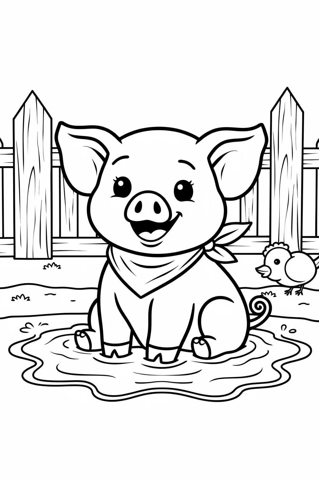 Black-and-white farm scene: a happy pig sitting in a mud puddle with a chick by a wooden fence detailed coloring page, kids' coloring page, printable coloring page and coloring sheets for kids.