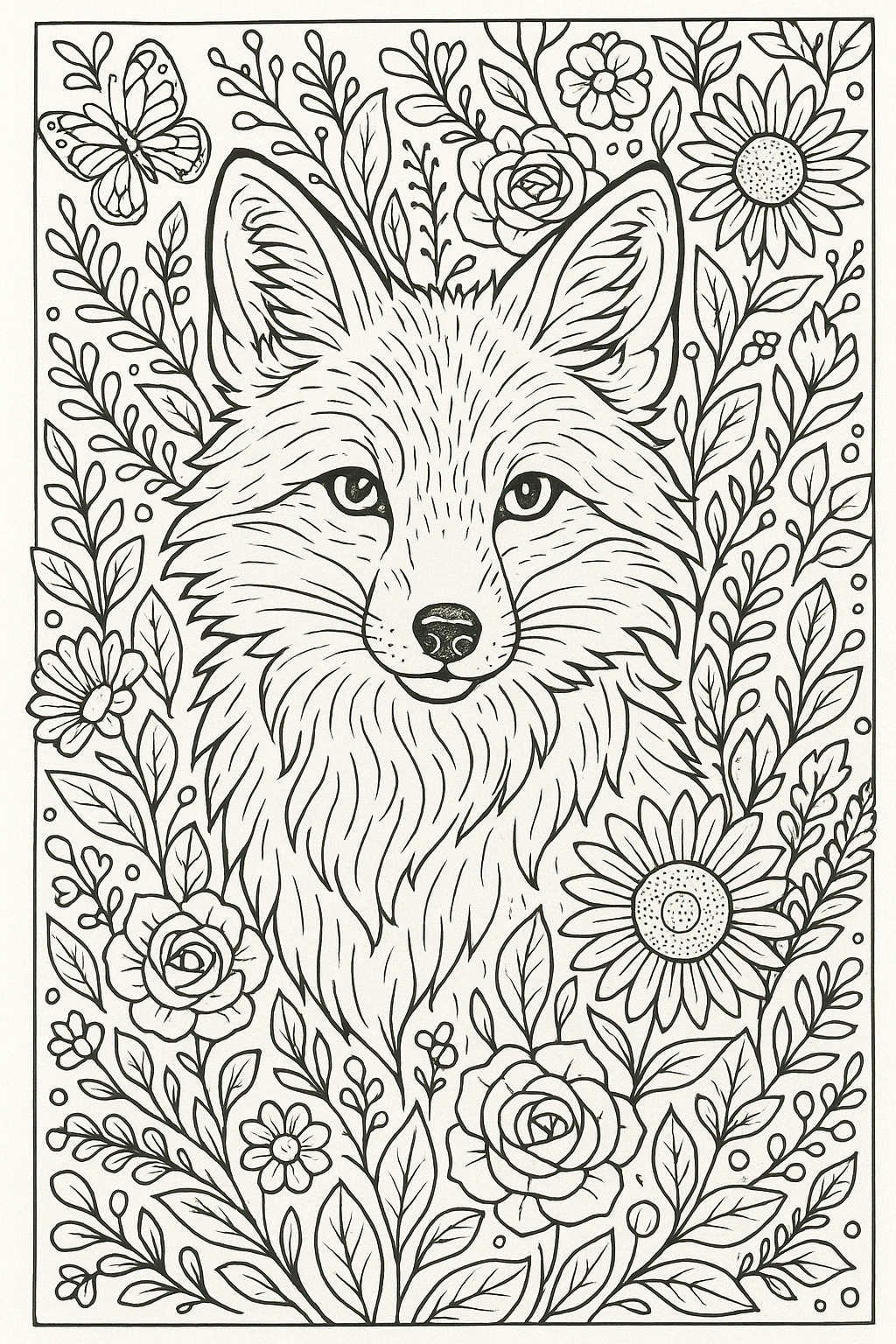 Black-and-white printable coloring page of a fox face surrounded by flowers and leaves, ideal detailed coloring page, kids' coloring page, printable coloring page and coloring sheets with floral and