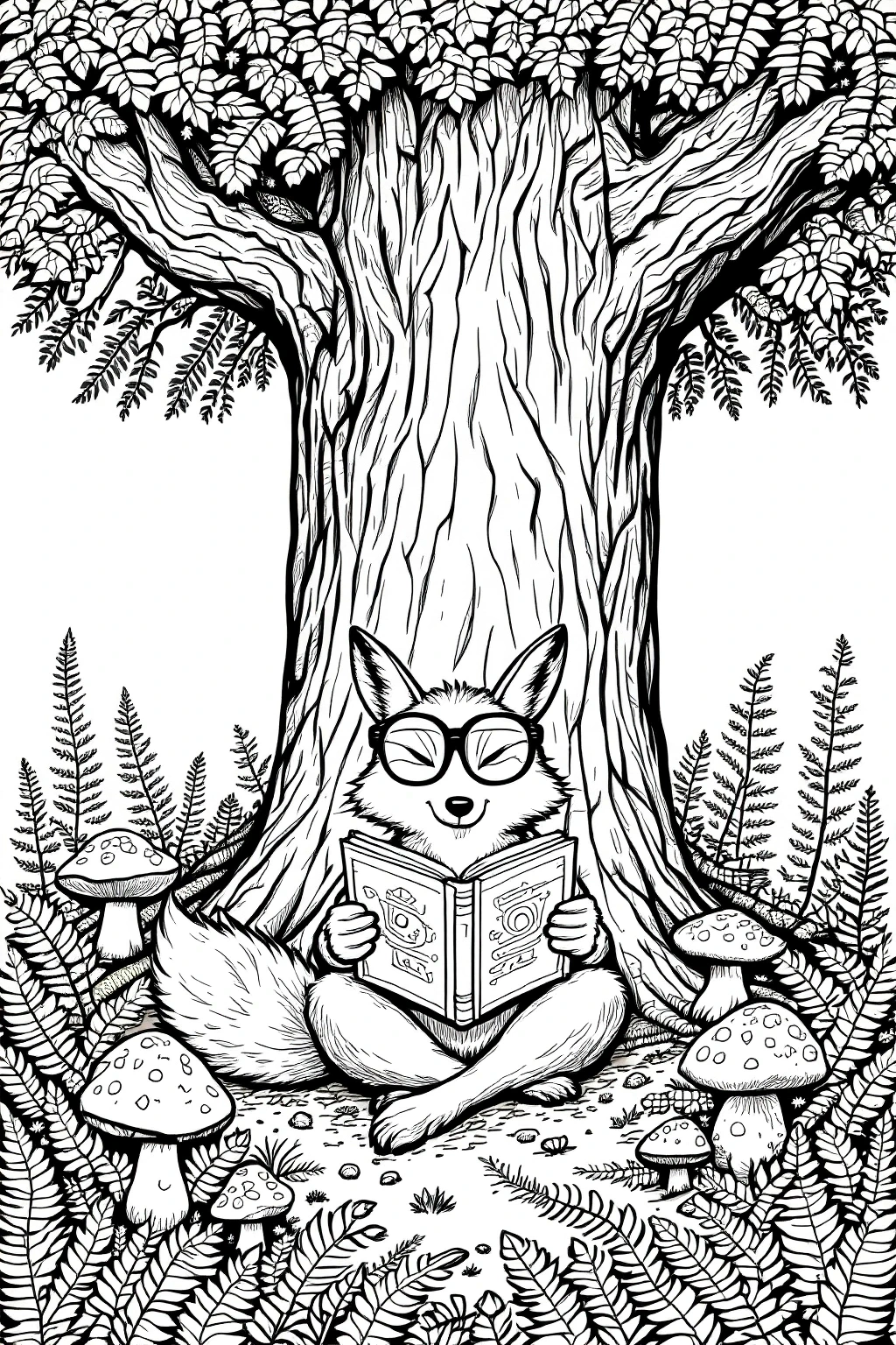 Black and white forest scene of an animal (fox) sitting under a tree reading a book detailed coloring page and kids' coloring page style, a printable coloring page and coloring sheets for download.