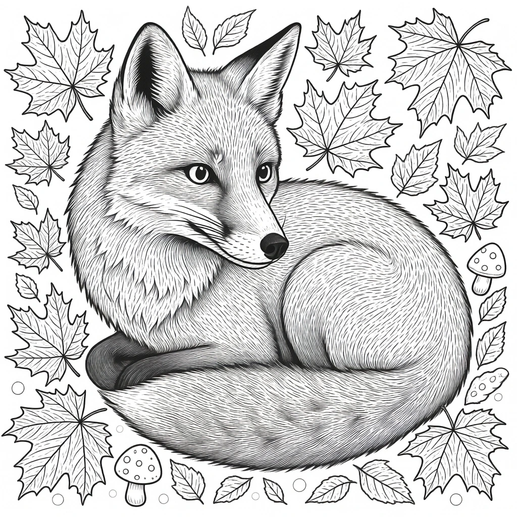 Black-and-white detailed line drawing of a curled fox surrounded by maple leaves and mushrooms a printable coloring sheets page suitable for kids' coloring page and a detailed coloring page printable