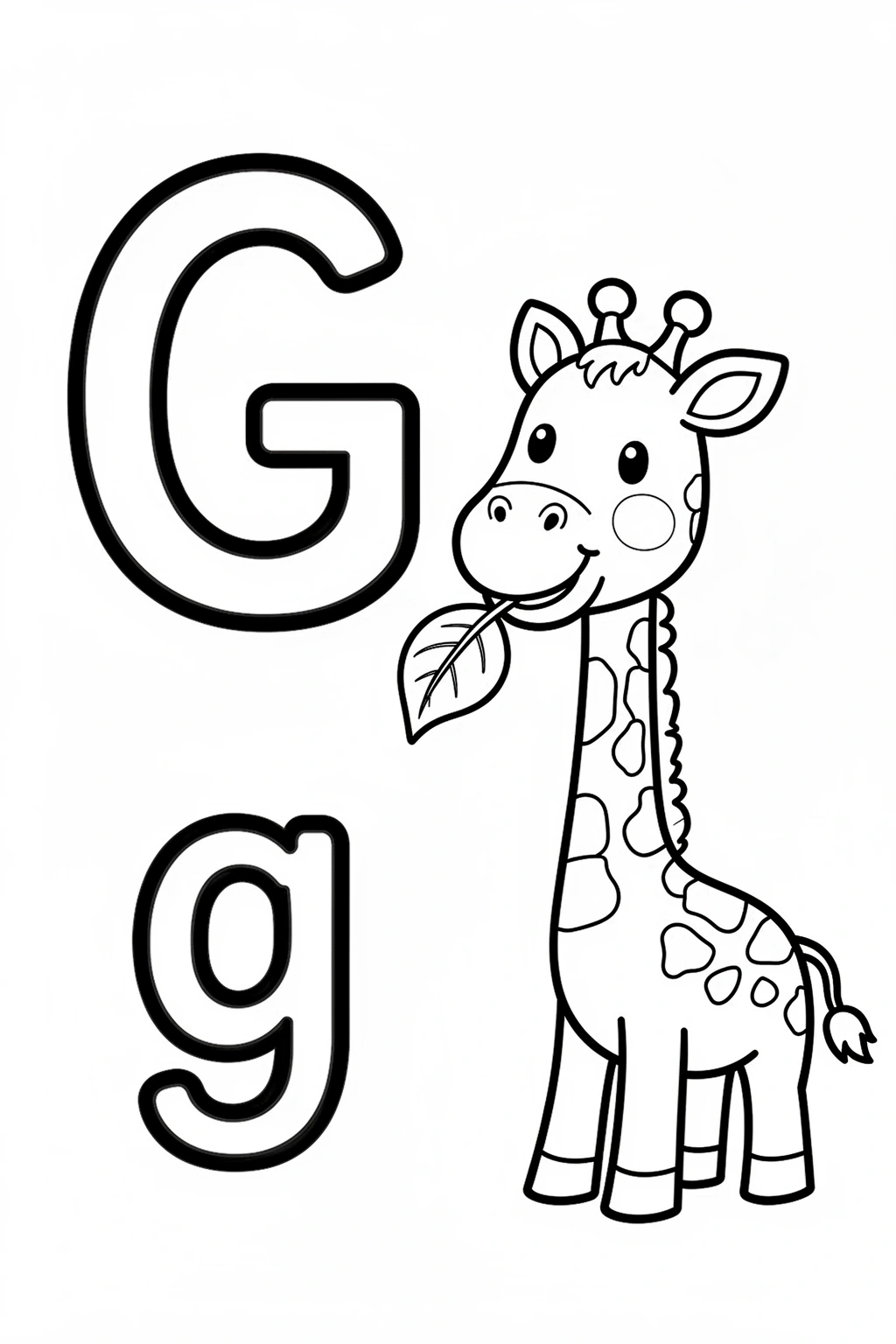 Black and white line art of the letter G next to a cute giraffe, designed as a coloring page for kids.