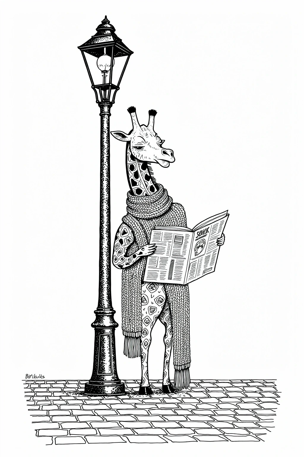Line-art giraffe wearing a large knitted scarf reading a newspaper beneath a street lamp black-and-white illustration for detailed coloring page, kids' coloring page, printable coloring page and