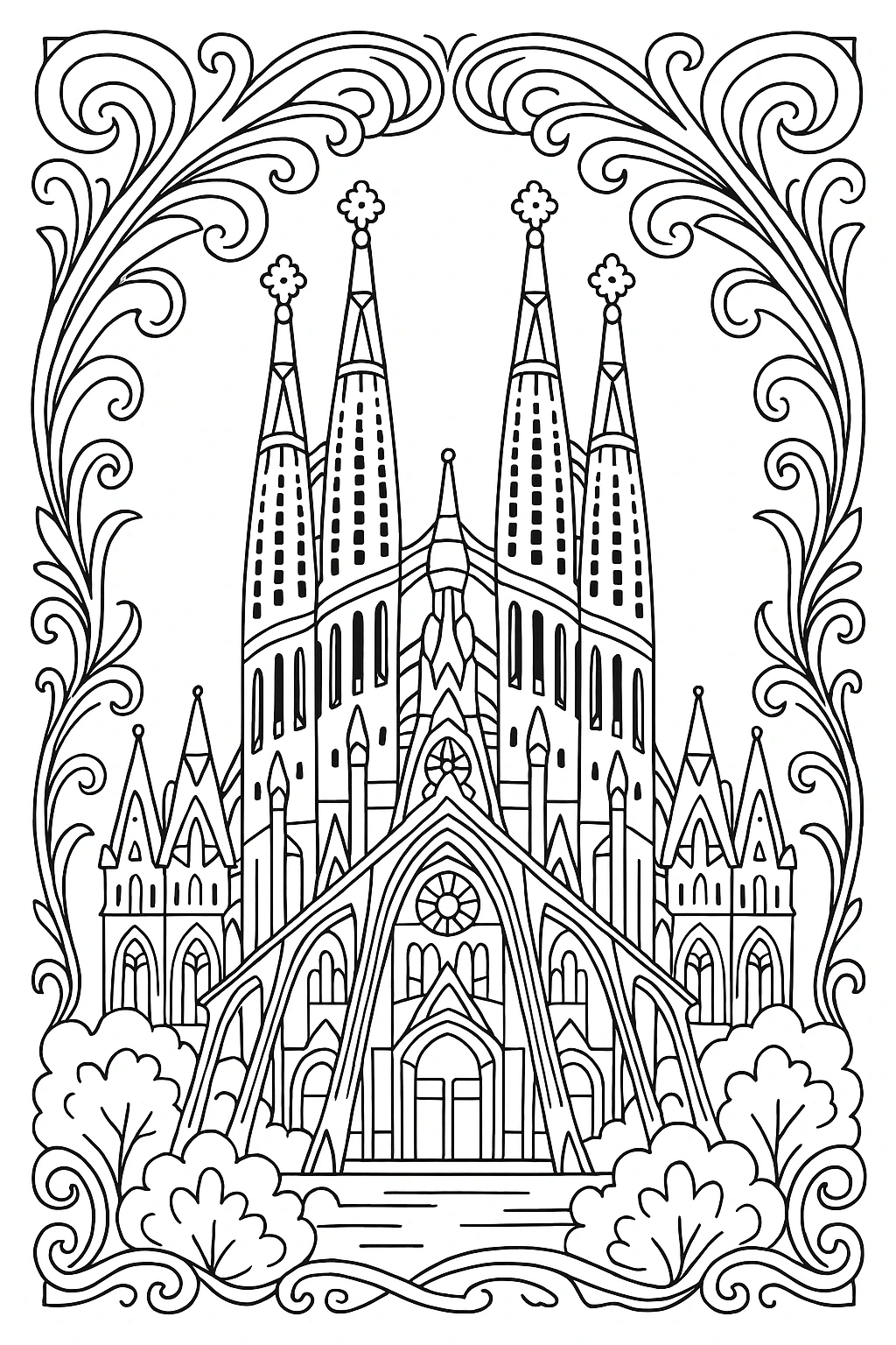 Black-and-white cathedral line art for a detailed coloring page activity; perfect kids' coloring page or adult relaxation a printable coloring page style coloring sheets page with architectural