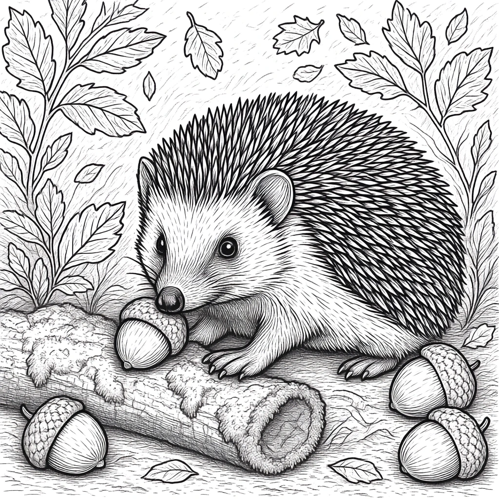 Black-and-white hedgehog holding an acorn in a fall scene intricate detailed coloring page line art suitable for kids' coloring page, printable coloring page downloads, and coloring sheets for autumn