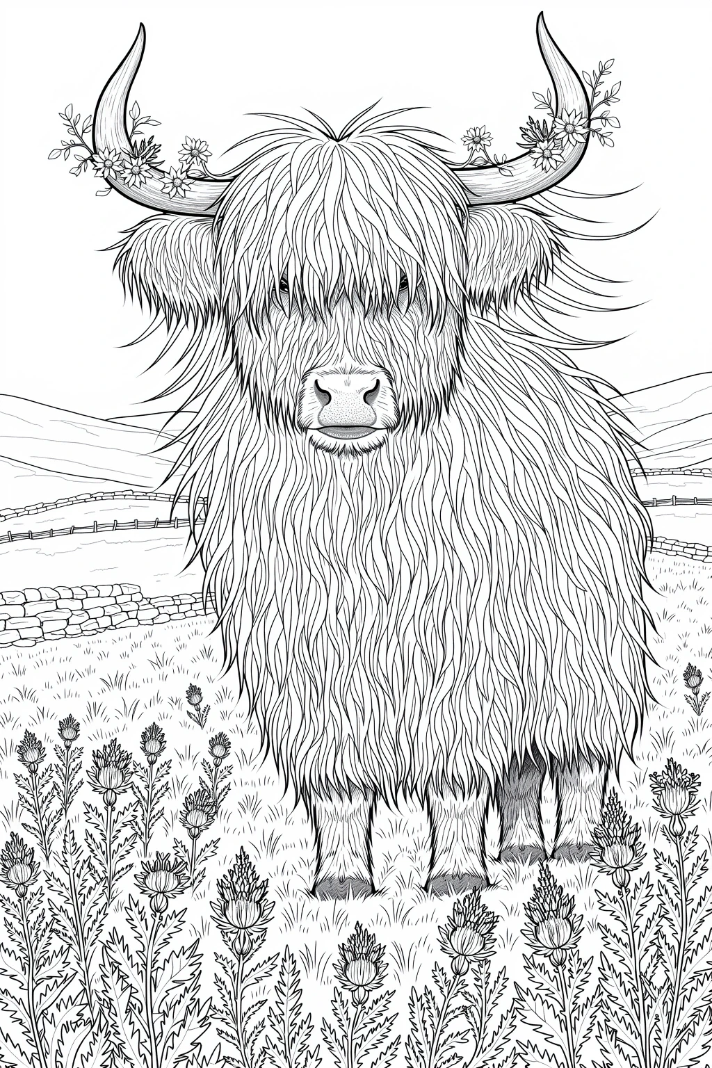 Black-and-white detailed coloring page of a fluffy Highland cow standing in a field with thistle flowers and stone walls great printable coloring page, kids' coloring page, detailed coloring page and