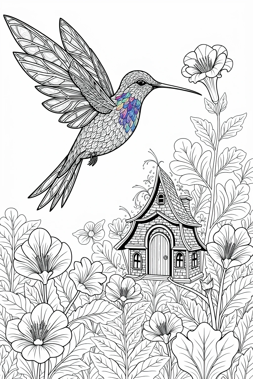 Intricate hummingbird coloring page over a flower garden and tiny cottage perfect detailed coloring page, kids' coloring page, printable coloring page and coloring sheets with spring and animal